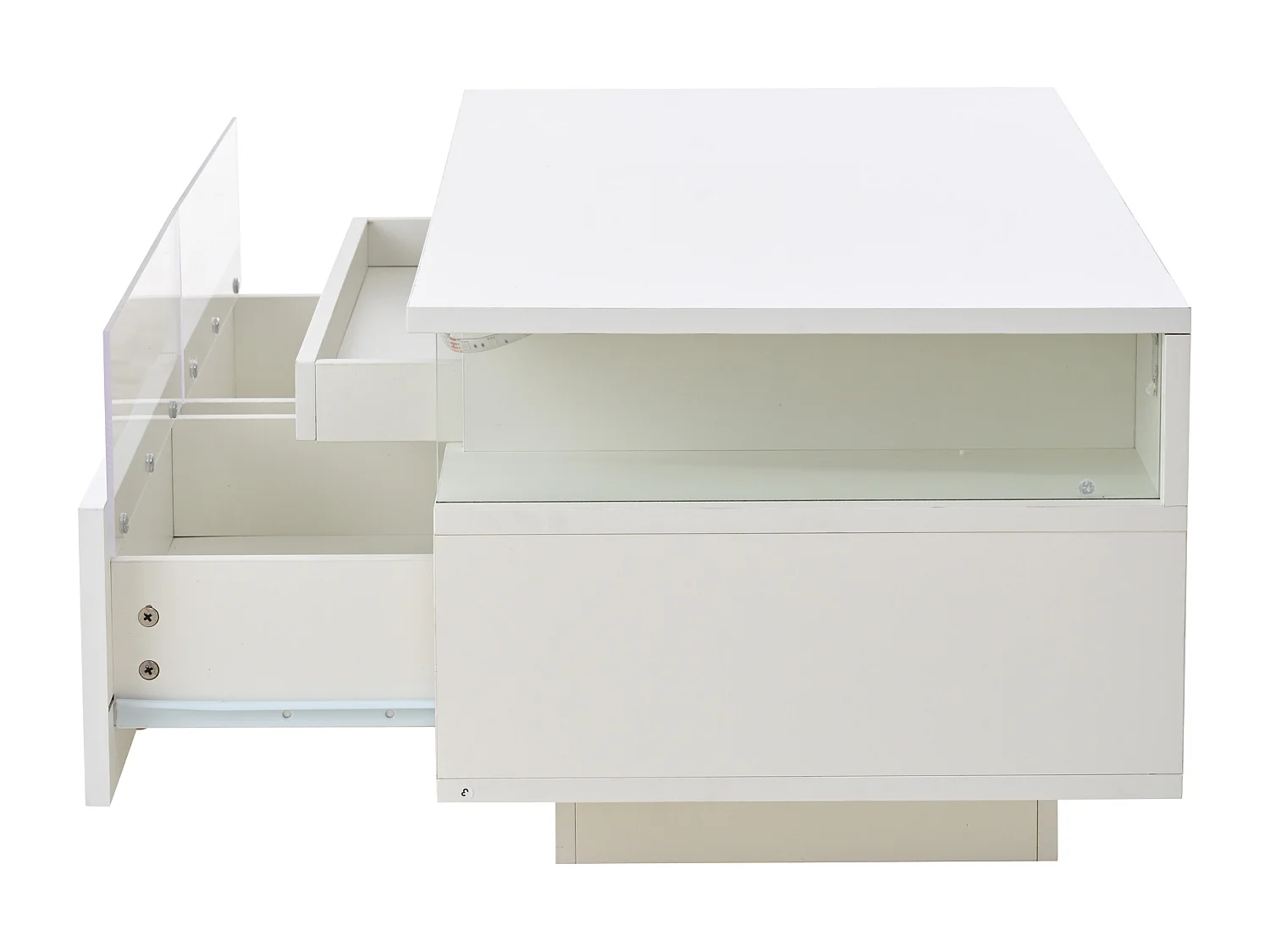 Couchtisch mit 2 Schubladen – Couchtisch mit LED-Beleuchtung und Platte – beistelltisch aus gehärtetem glas – weiß