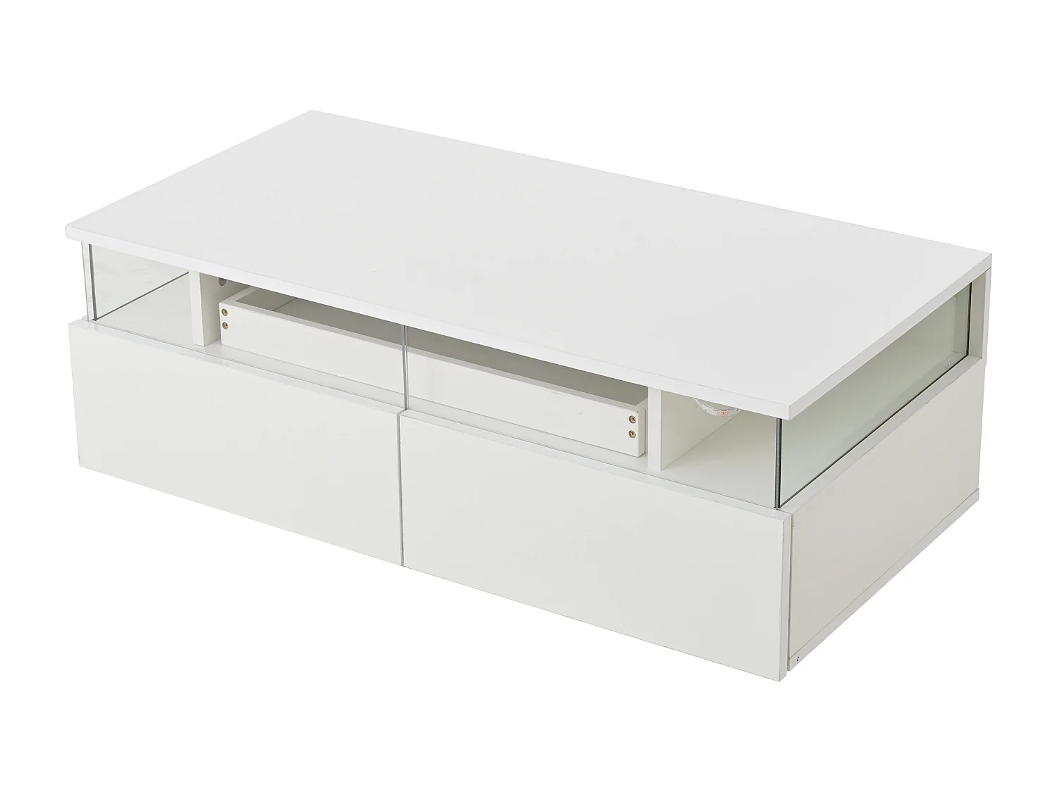 Couchtisch mit 2 Schubladen – Couchtisch mit LED-Beleuchtung und Platte – beistelltisch aus gehärtetem glas – weiß