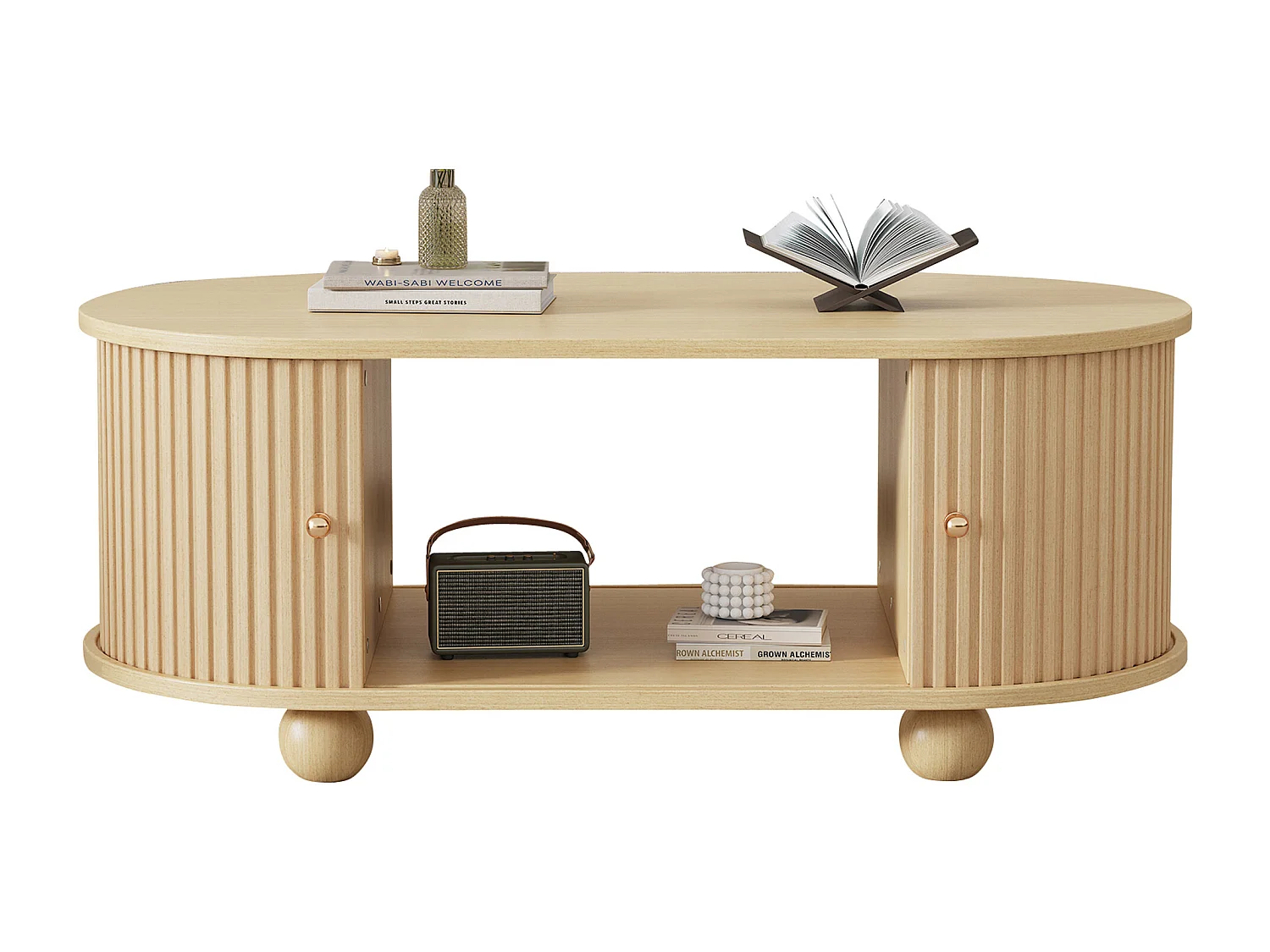 Ovale salontafel in licht hout - Salontafel met 2 schuifdeuren en 4 ronde poten - met opbergruimte