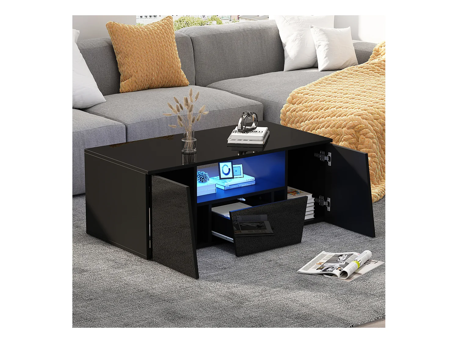 Mesa de centro negra con 2 puertas y 1 cajón - tapa brillante e iluminación LED - diseño irregular