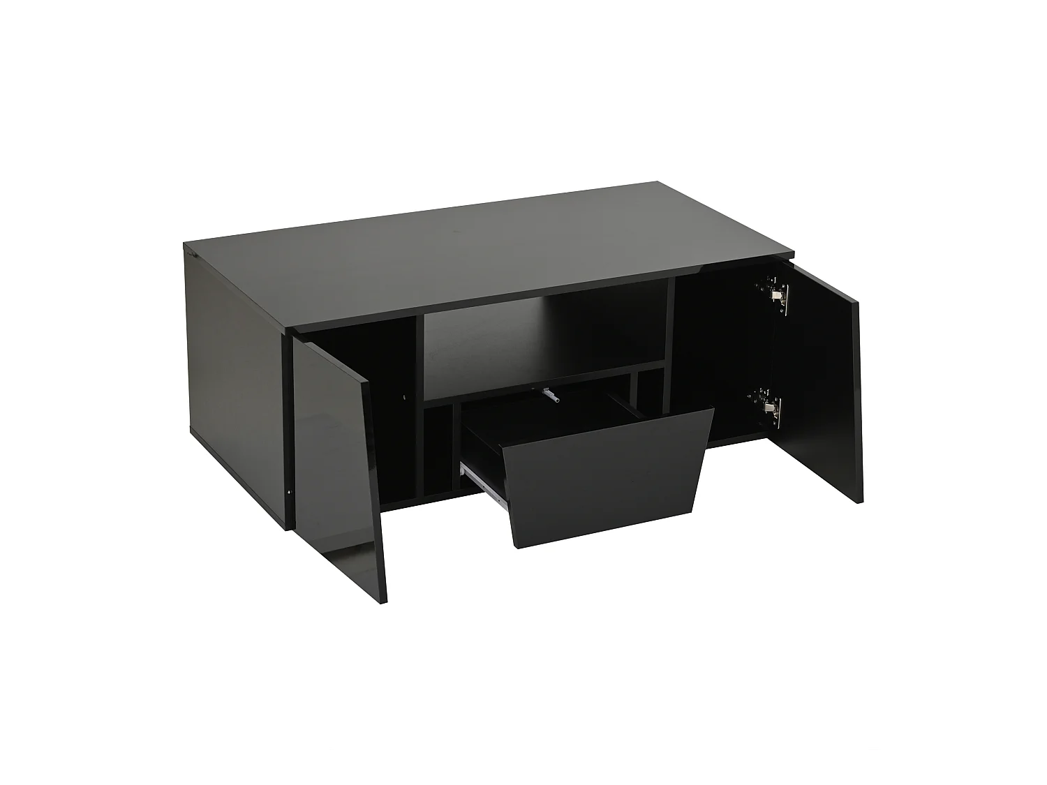 Mesa de centro negra con 2 puertas y 1 cajón - tapa brillante e iluminación LED - diseño irregular