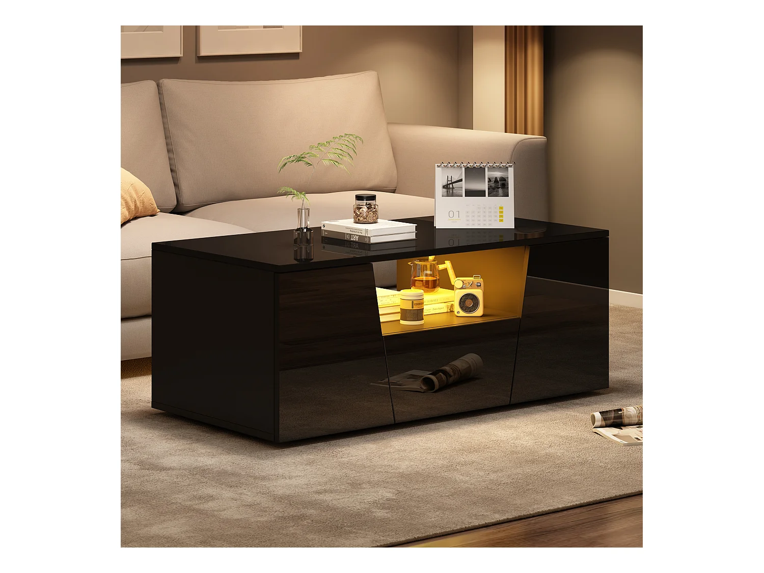 Table basse noire avec 2 portes et 1 tiroir - plateau brillant et éclairage LED - design irrégulier