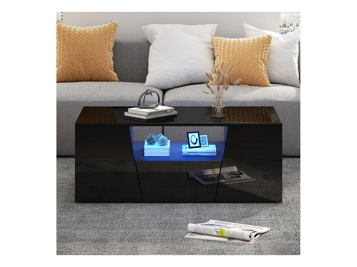 Table basse noire avec 2 portes et 1 tiroir - plateau brillant et éclairage LED - design irrégulier