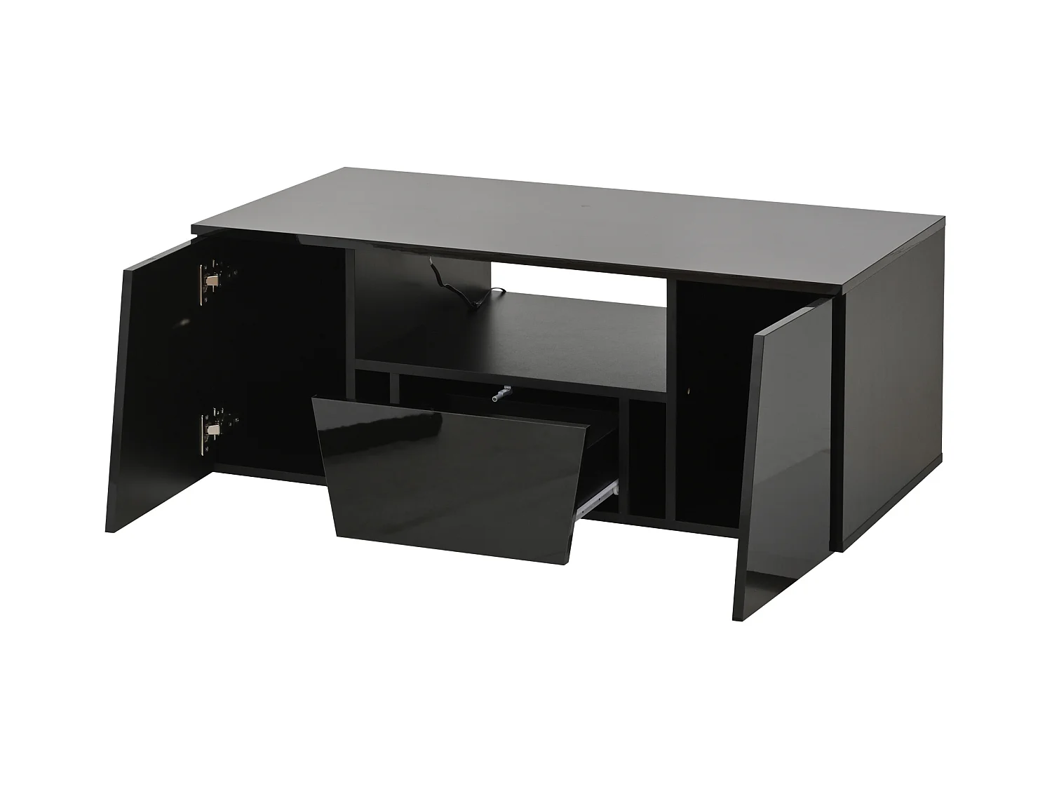 Table basse noire avec 2 portes et 1 tiroir - plateau brillant et éclairage LED - design irrégulier