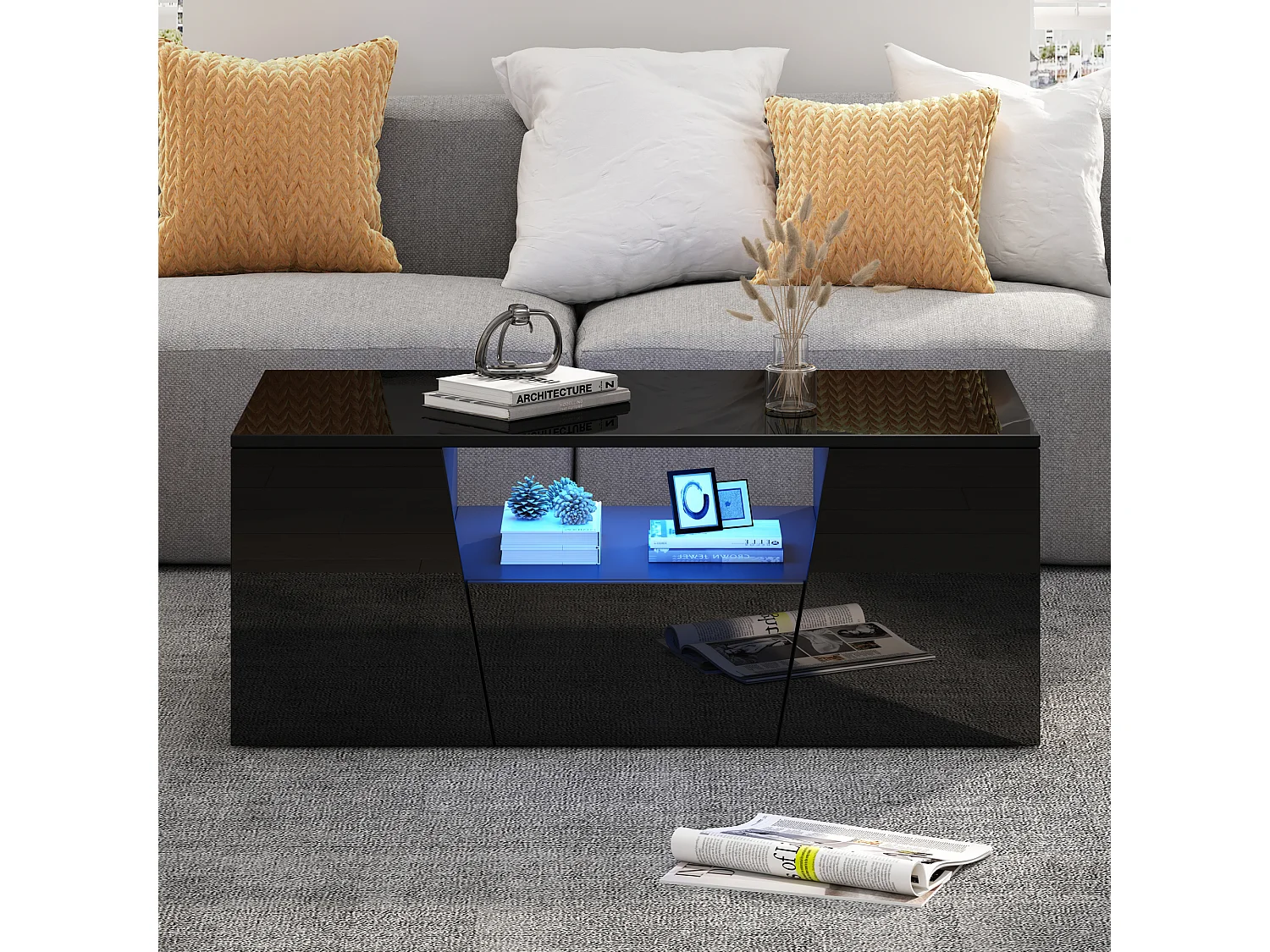 Table basse noire avec 2 portes et 1 tiroir - plateau brillant et éclairage LED - design irrégulier