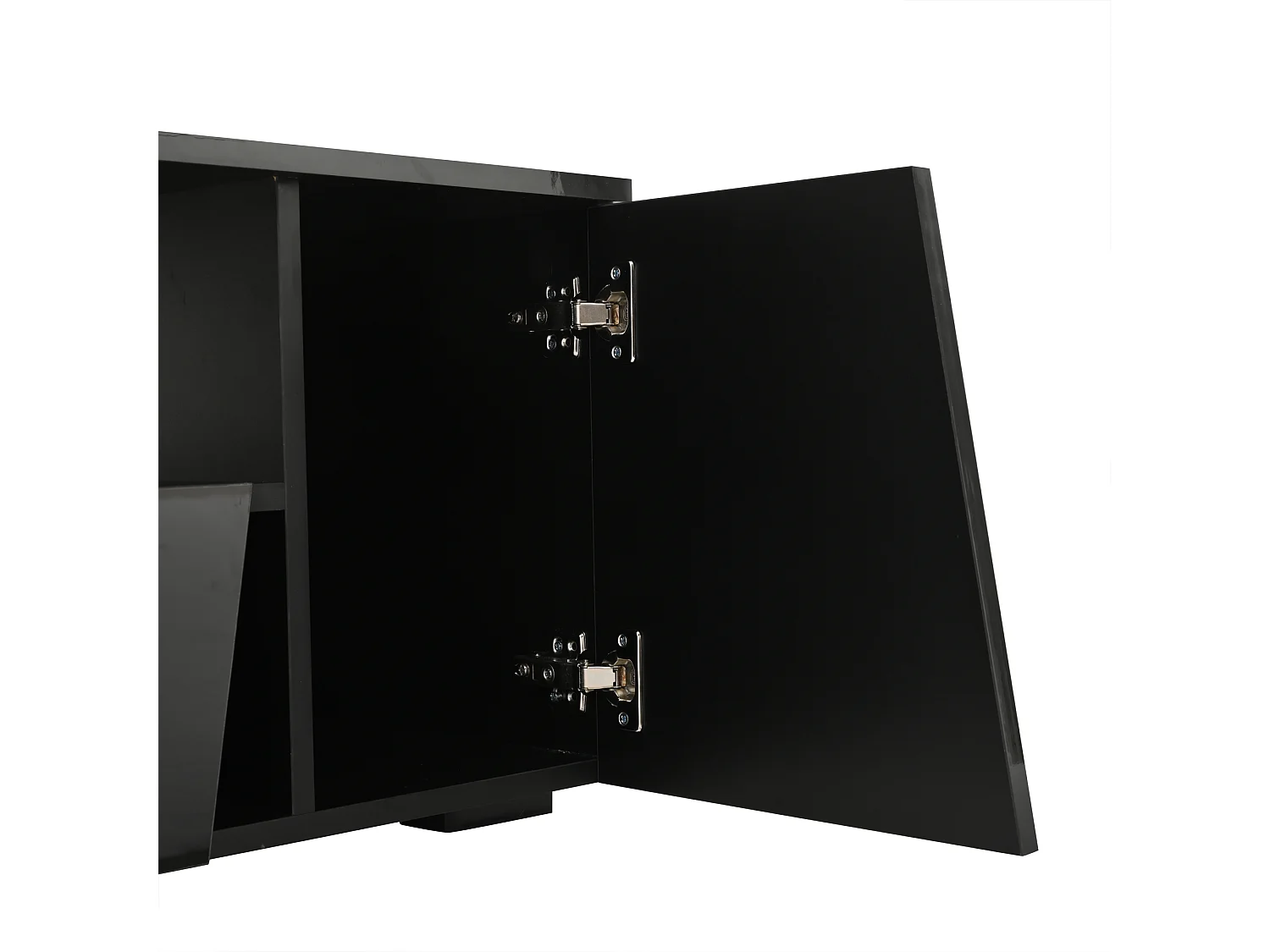 Table basse noire avec 2 portes et 1 tiroir - plateau brillant et éclairage LED - design irrégulier