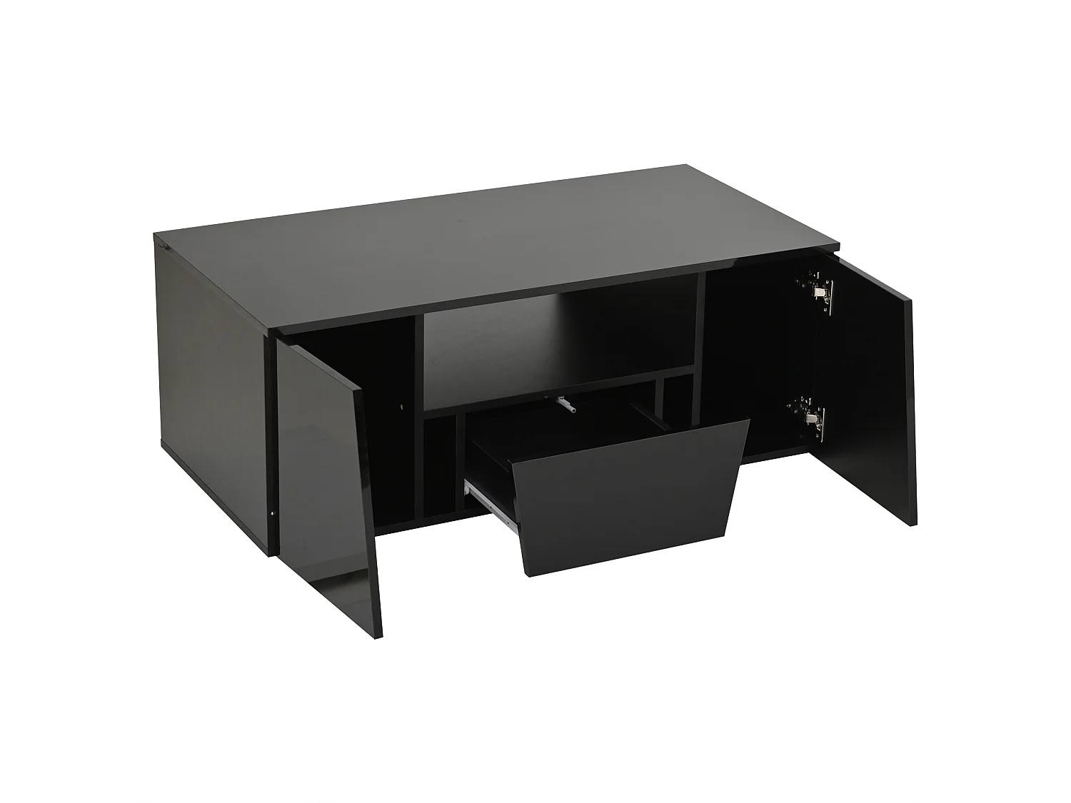 Table basse noire avec 2 portes et 1 tiroir - plateau brillant et éclairage LED - design irrégulier