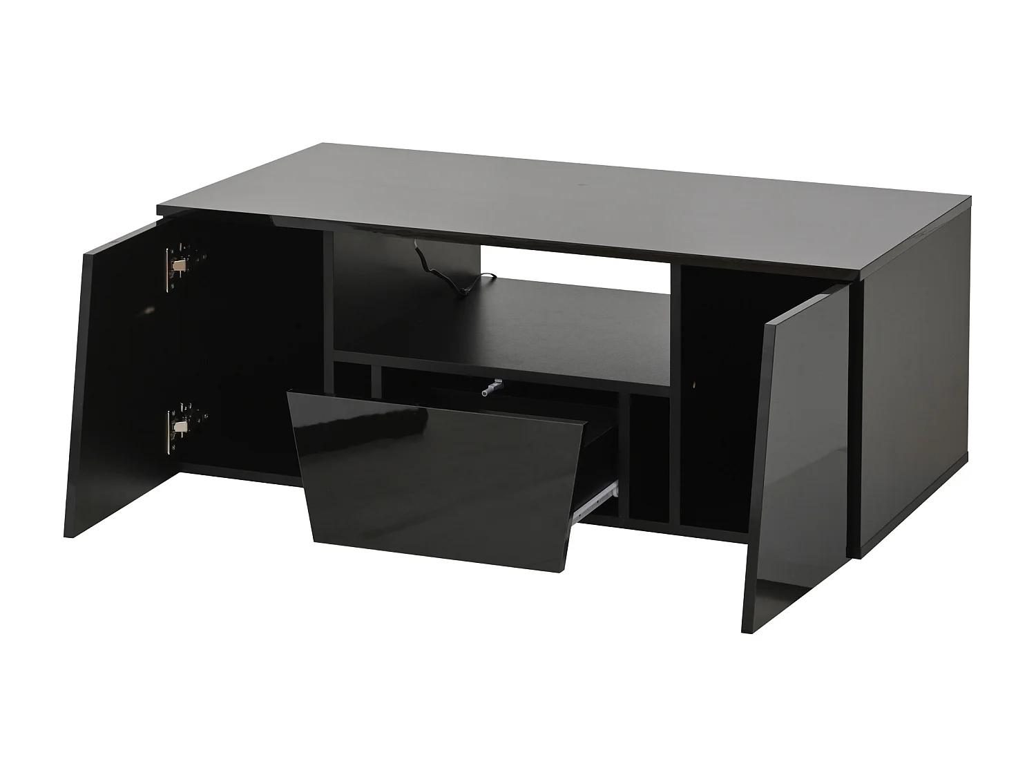 Table basse noire avec 2 portes et 1 tiroir - plateau brillant et éclairage LED - design irrégulier