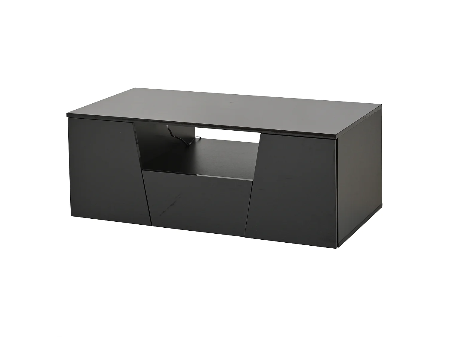 Table basse noire avec 2 portes et 1 tiroir - plateau brillant et éclairage LED - design irrégulier