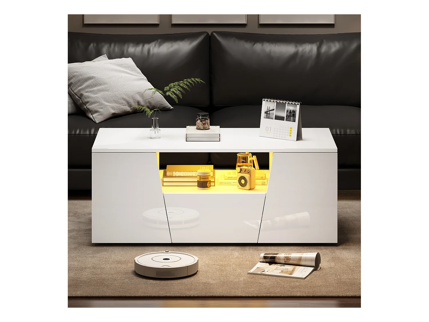 Mesa de centro branca com 2 portas e 1 gaveta - Tampo brilhante e iluminação LED - Design irregular