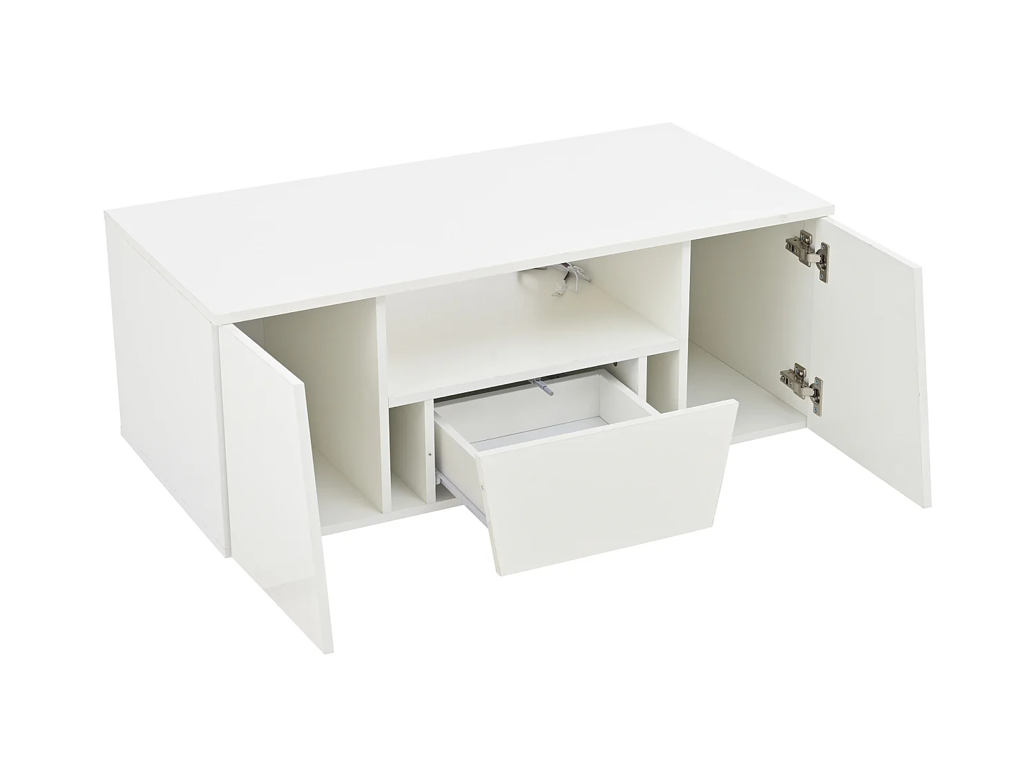 Mesa de centro branca com 2 portas e 1 gaveta - Tampo brilhante e iluminação LED - Design irregular