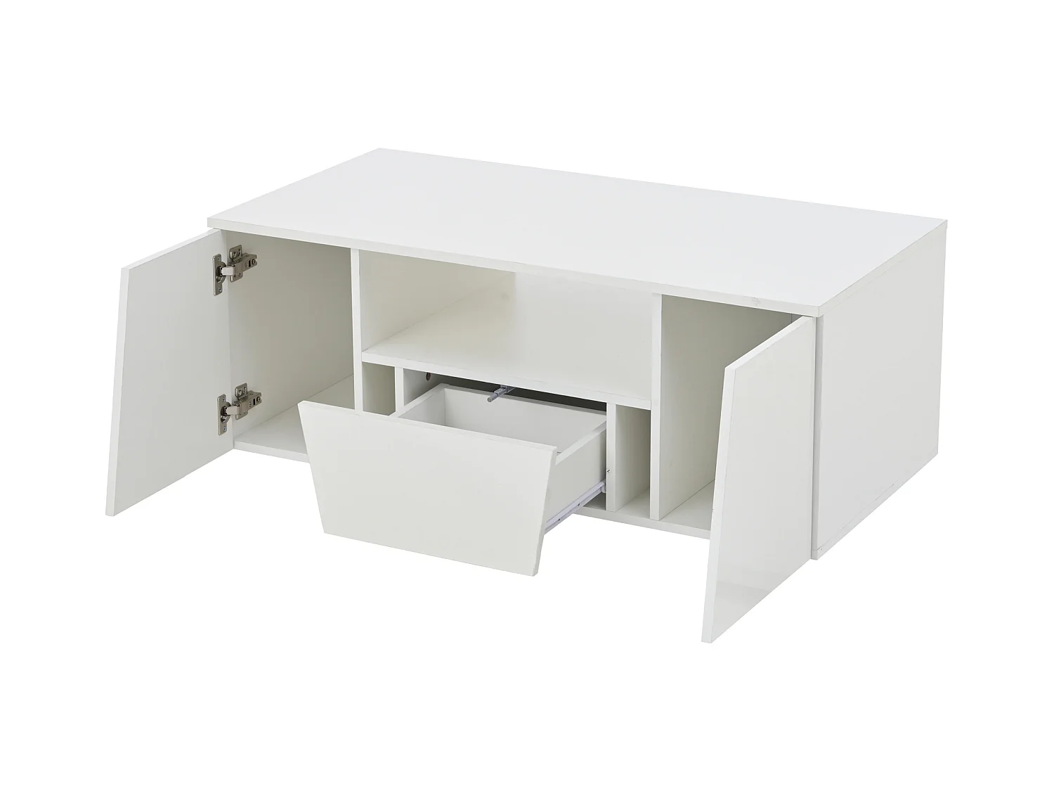 Mesa de centro branca com 2 portas e 1 gaveta - Tampo brilhante e iluminação LED - Design irregular