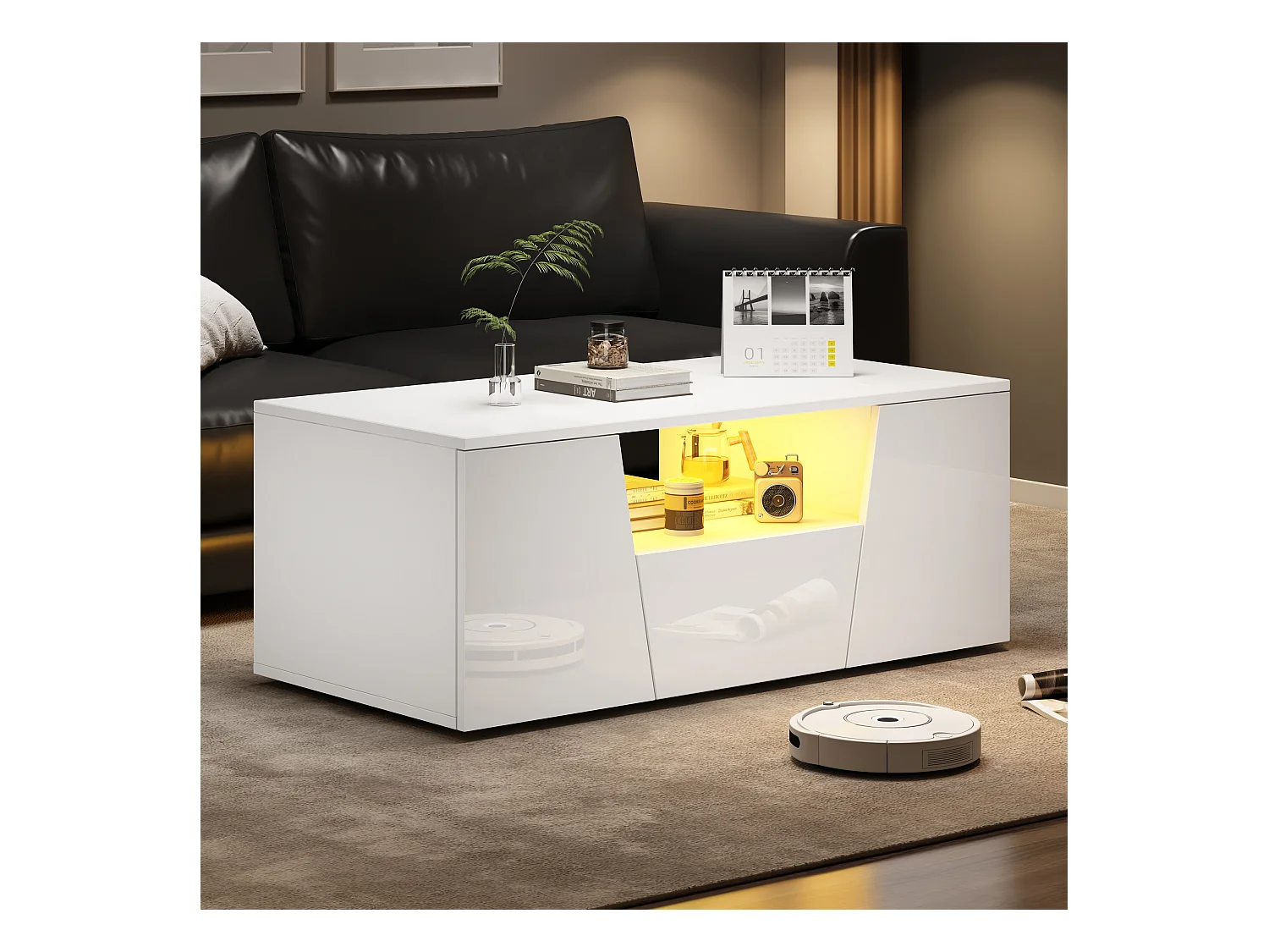 Table basse blanc avec 2 portes et 1 tiroir - plateau brillant et éclairage LED - design irrégulier