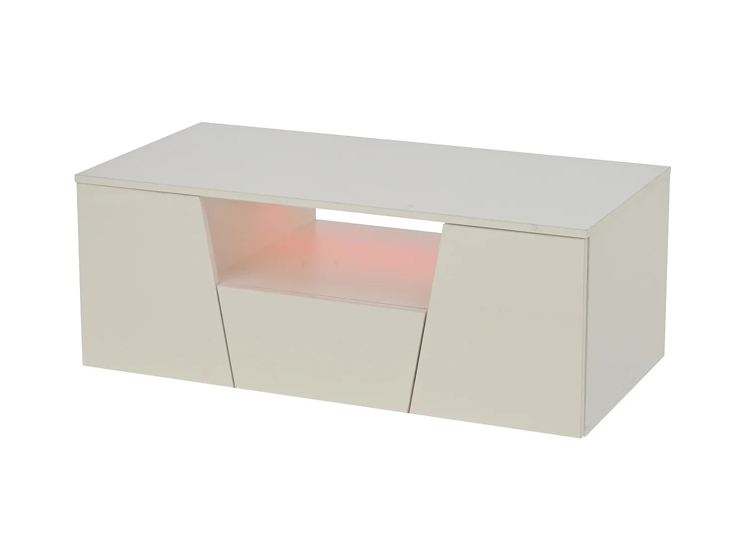 Table basse blanc avec 2 portes et 1 tiroir - plateau brillant et éclairage LED - design irrégulier
