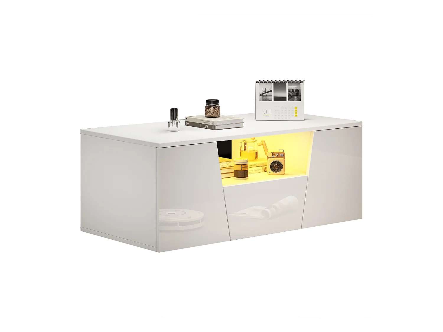 Table basse blanc avec 2 portes et 1 tiroir - plateau brillant et éclairage LED - design irrégulier