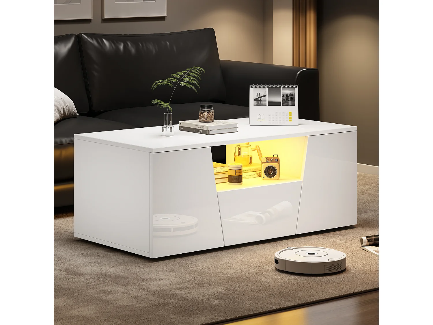 Tavolino bianco con 2 ante e 1 cassetto - piano lucido e illuminazione a LED - design irregolare