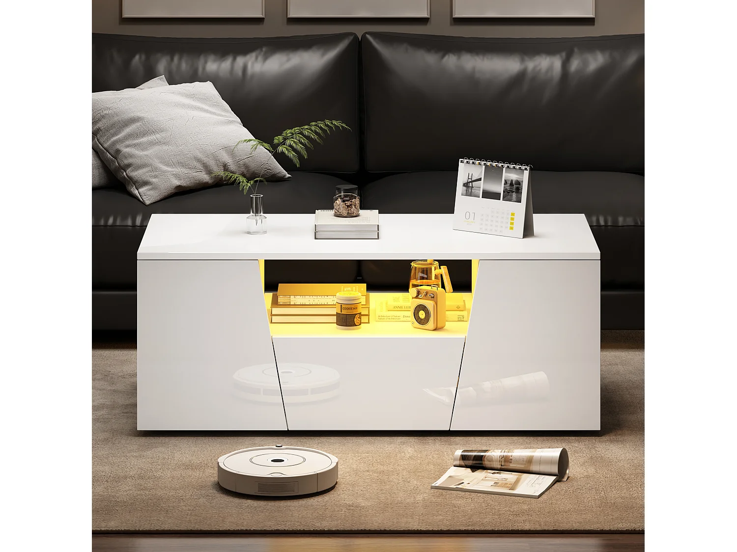 Tavolino bianco con 2 ante e 1 cassetto - piano lucido e illuminazione a LED - design irregolare