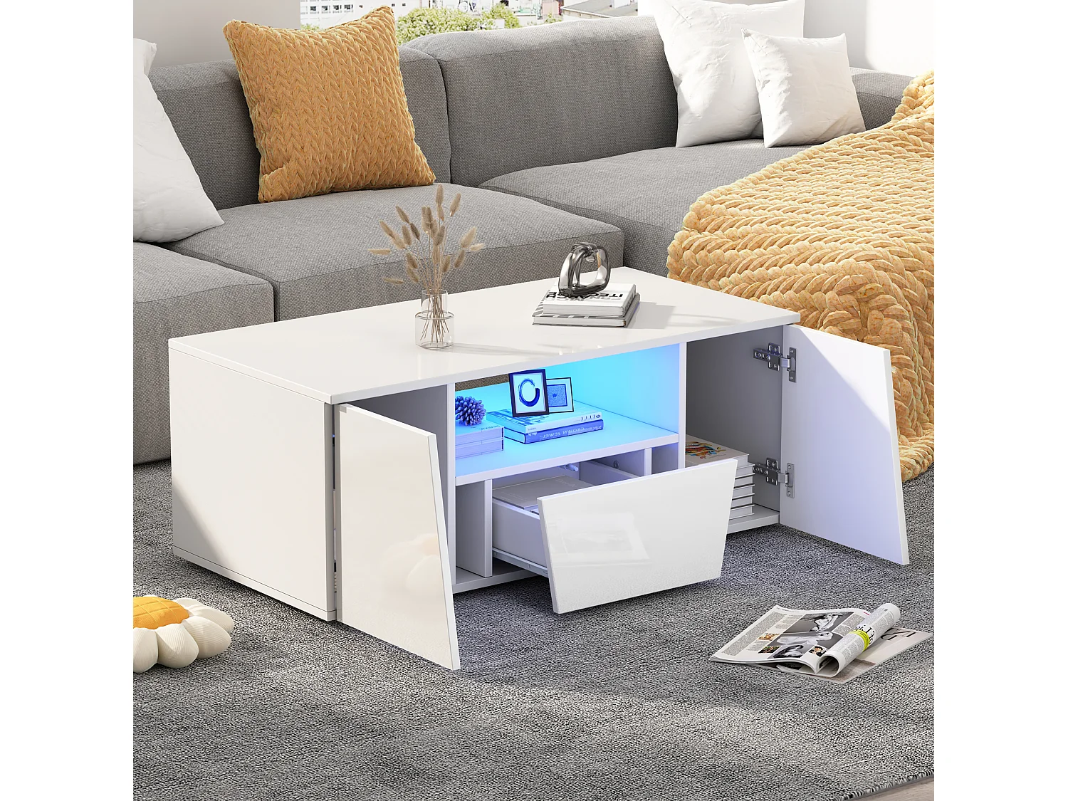 Tavolino bianco con 2 ante e 1 cassetto - piano lucido e illuminazione a LED - design irregolare