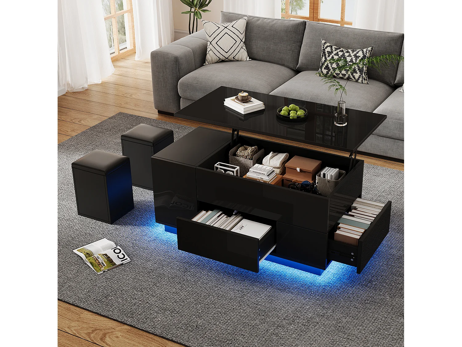 Table basse avec 2 tabourets et 2 tiroirs - réglable en hauteur et tabouret de rangement - espace de rangement semi-ouvert - noir
