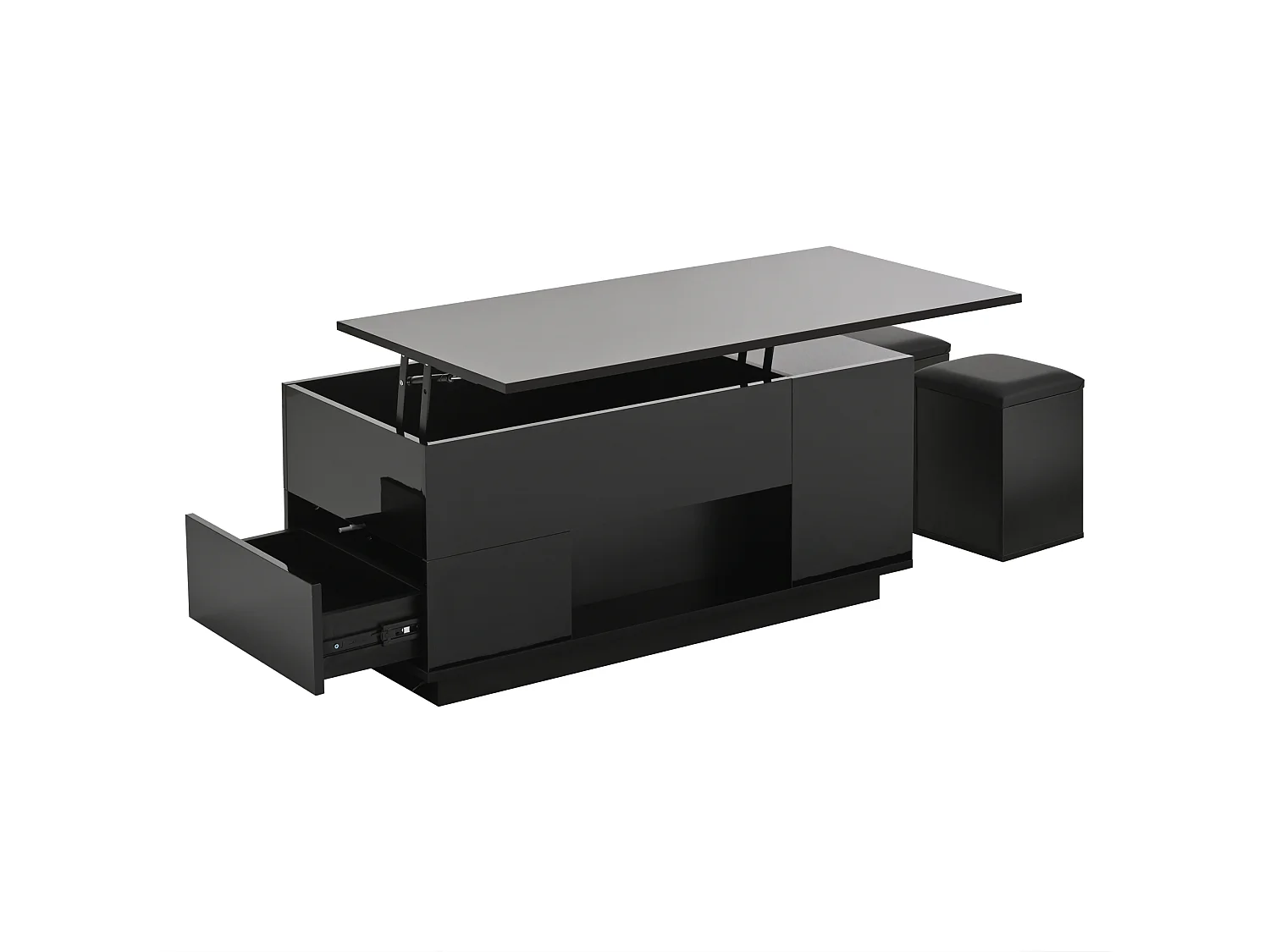 Table basse avec 2 tabourets et 2 tiroirs - réglable en hauteur et tabouret de rangement - espace de rangement semi-ouvert - noir