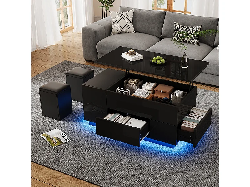 Table basse avec 2 tabourets et 2 tiroirs - réglable en hauteur et tabouret de rangement - espace de rangement semi-ouvert - noir