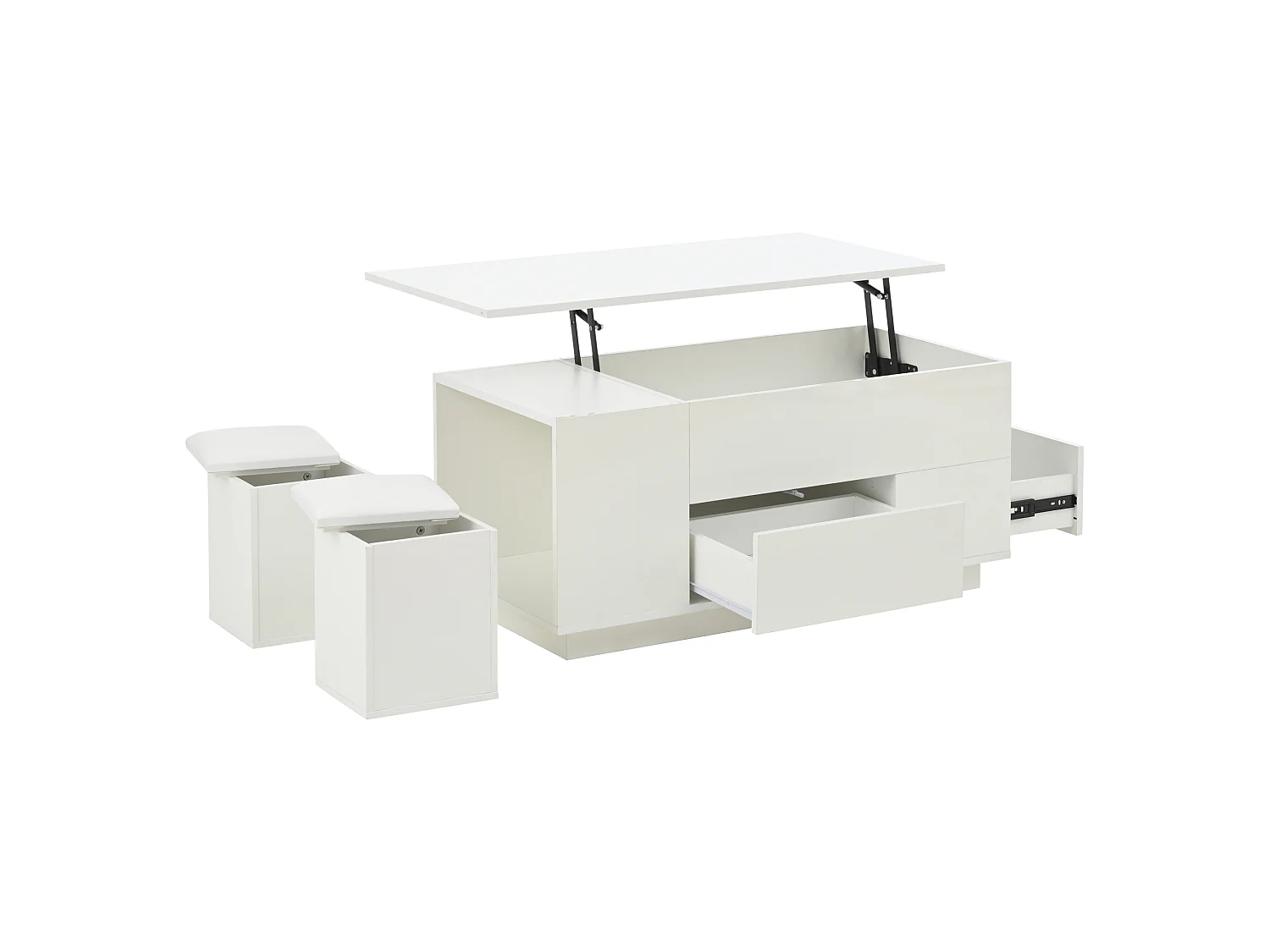 Couchtisch mit 2 Hockern und 2 Schubladen – höhenverstellbar und Stauraumhocker – halboffener Stauraum – weiß