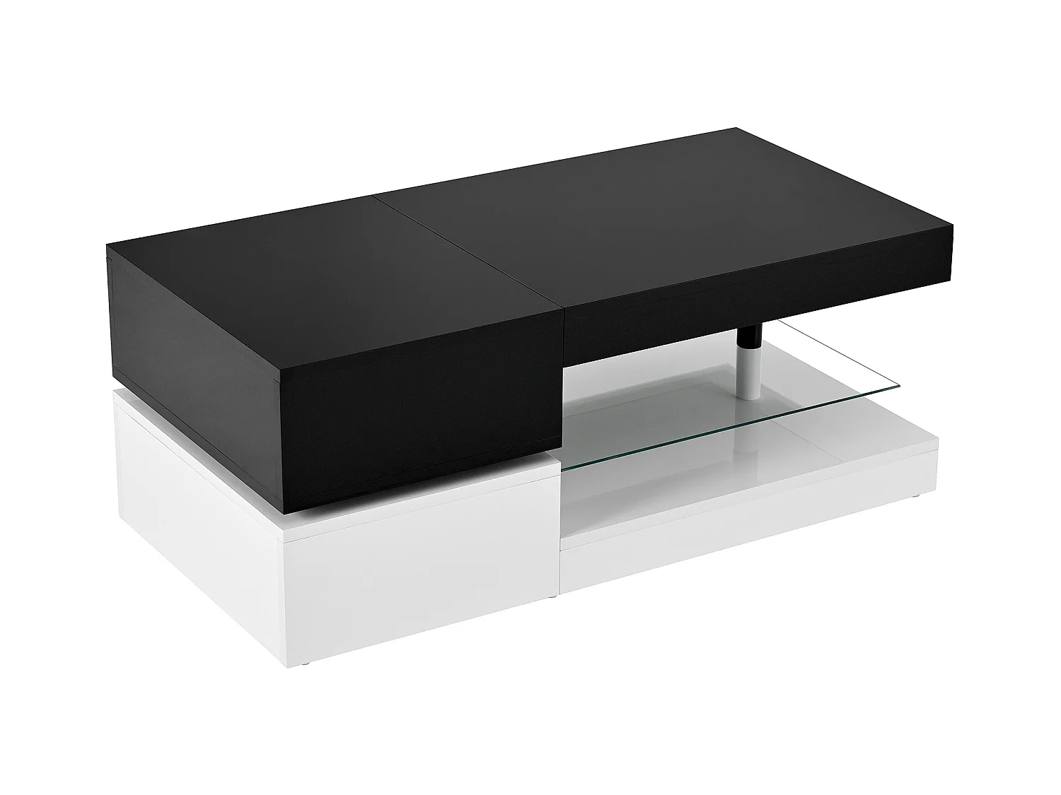 Czarno-biały stolik kawowy - Nowoczesny stolik kawowy z oświetleniem LED i szklanymi półkami - Błyszczące wykończenie