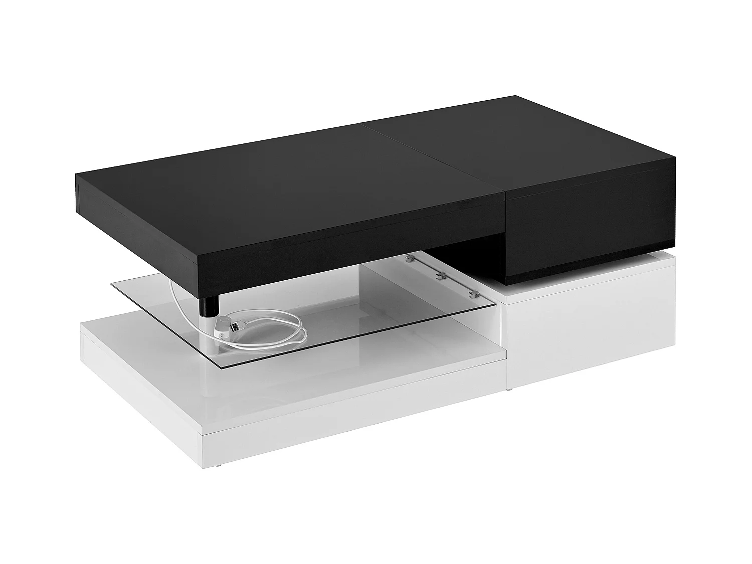 Czarno-biały stolik kawowy - Nowoczesny stolik kawowy z oświetleniem LED i szklanymi półkami - Błyszczące wykończenie