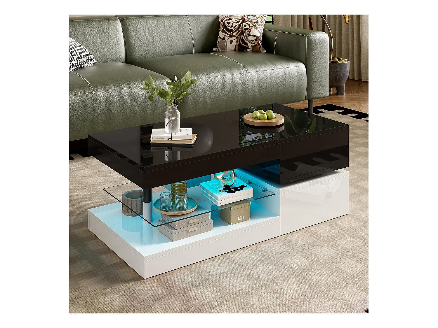 Table basse noire et blanche - Table basse moderne avec éclairage LED et étagères en verre - finition brillante