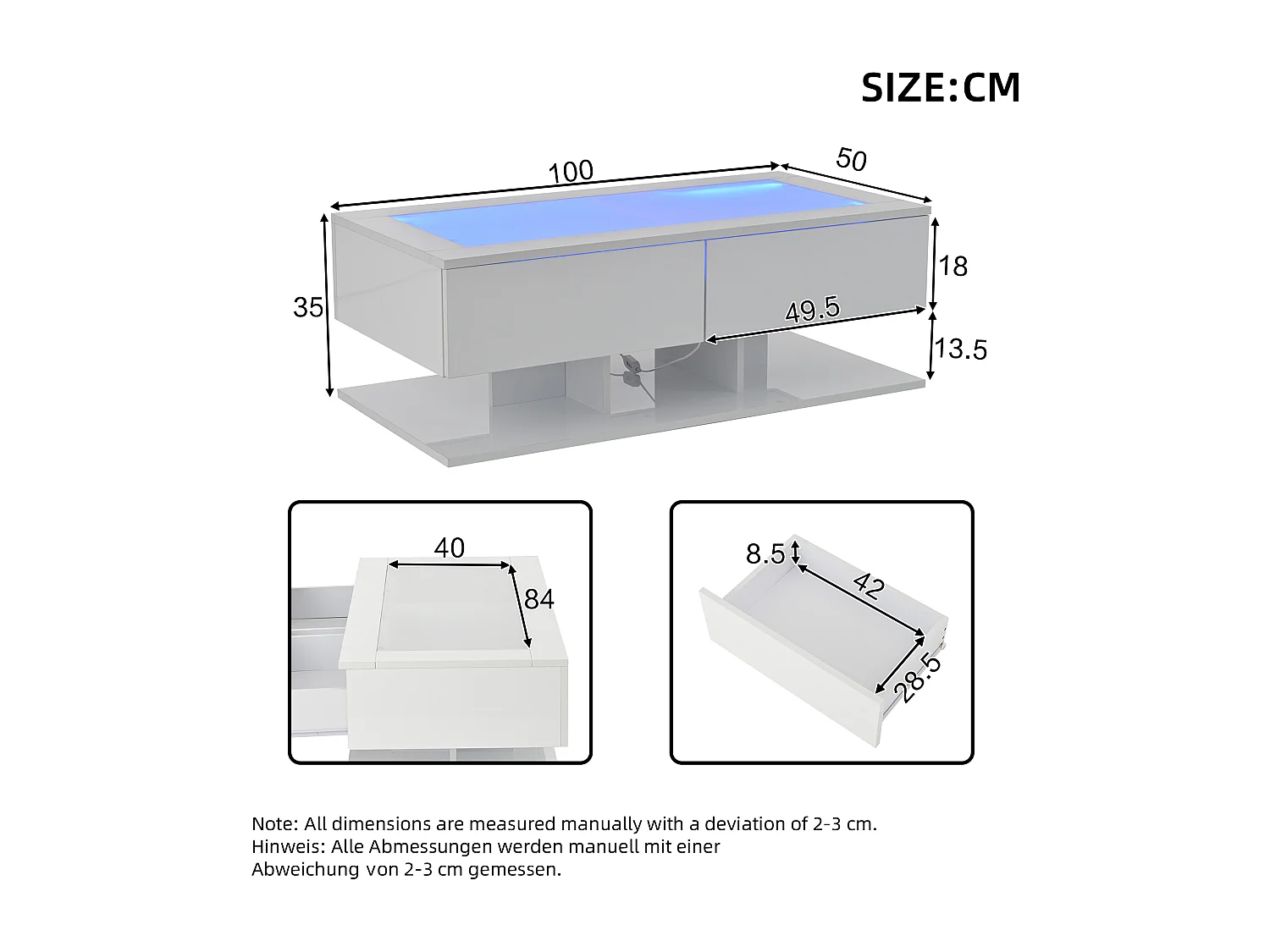 Rechthoekige salontafel - Salontafel met LED-verlichting en 2 lades - glazen blad - wit