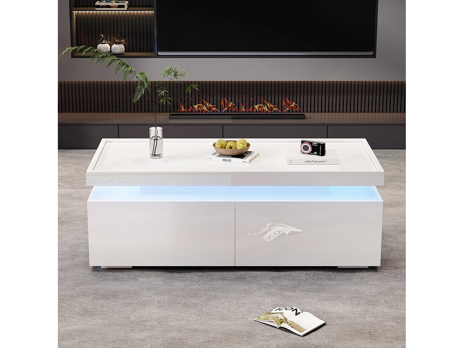 Table basse rectangulaire moderne - Table basse à 2 tiroirs avec éclairage LED - plateau brillant - blanc