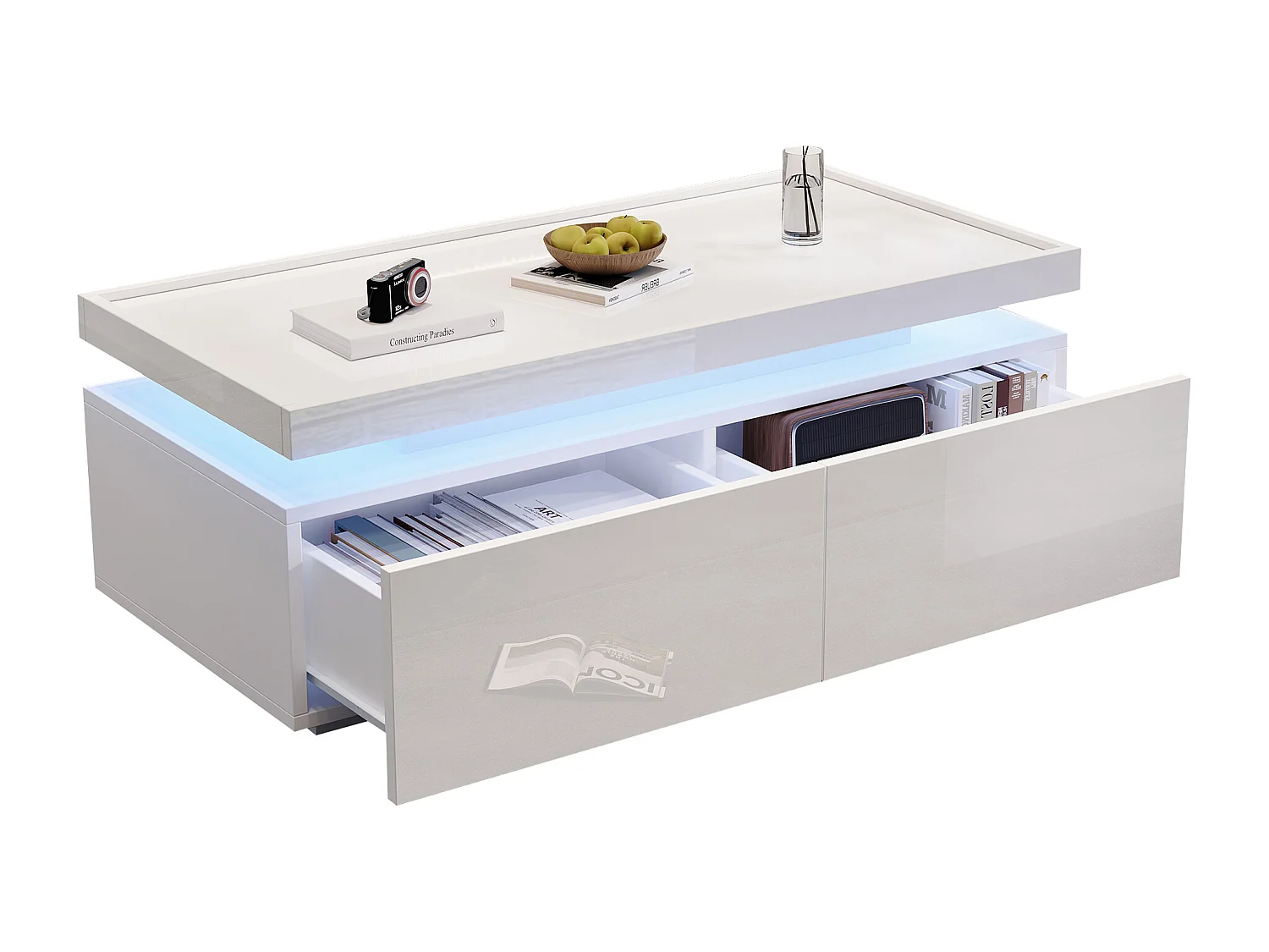Table basse rectangulaire moderne - Table basse à 2 tiroirs avec éclairage LED - plateau brillant - blanc
