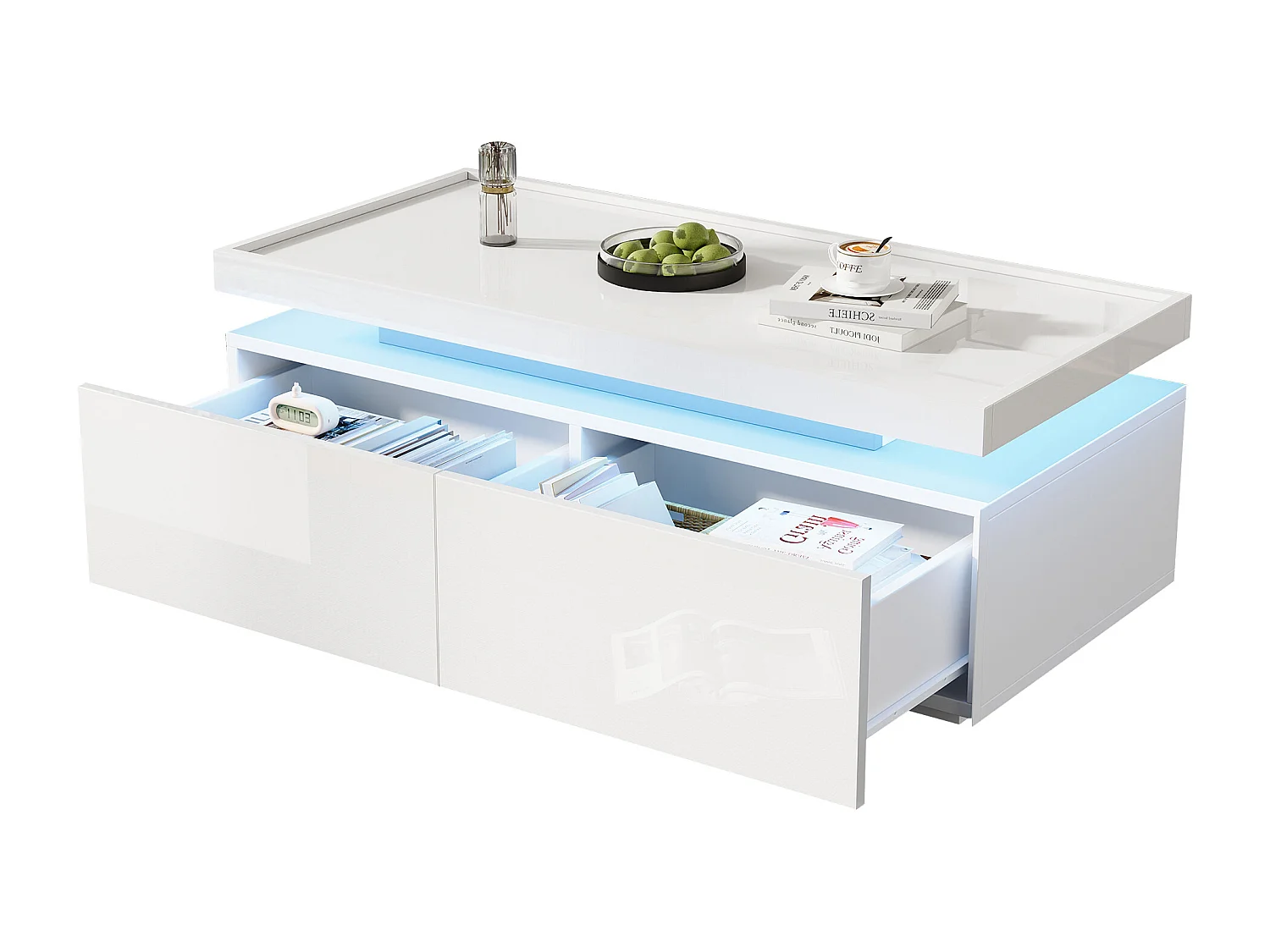 Table basse rectangulaire moderne - Table basse à 2 tiroirs avec éclairage LED - plateau brillant - blanc