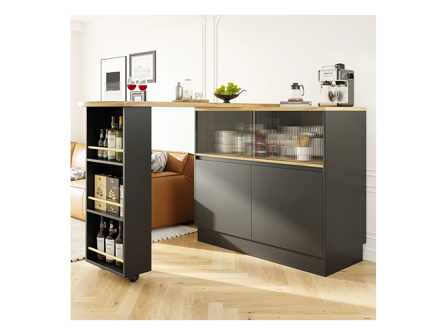 Barschrank mit 2 Türen – Ausziehbarer Barschrank mit 2 Glasschiebetüren und offenen Regalen – schwarz