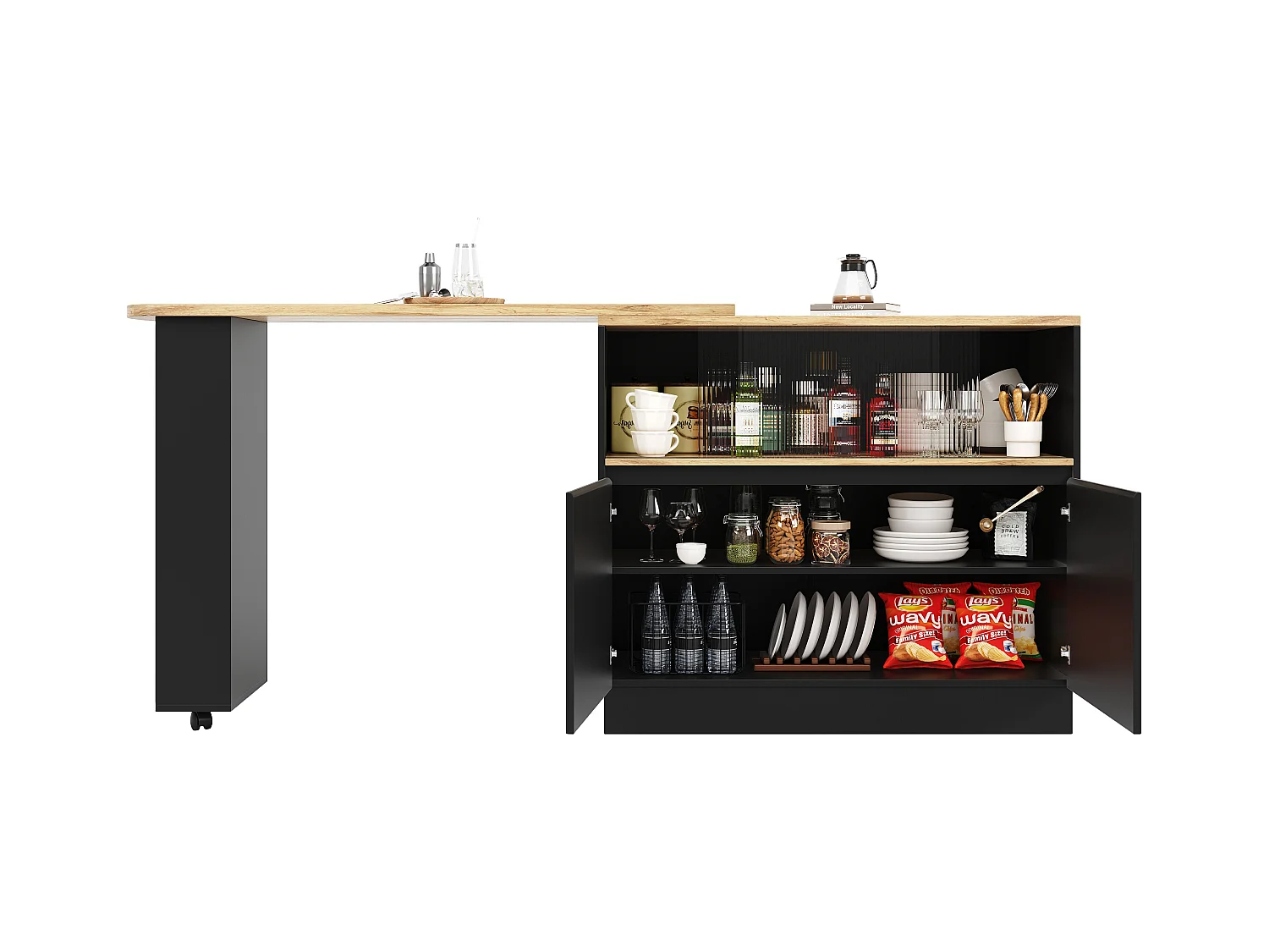 Barschrank mit 2 Türen – Ausziehbarer Barschrank mit 2 Glasschiebetüren und offenen Regalen – schwarz