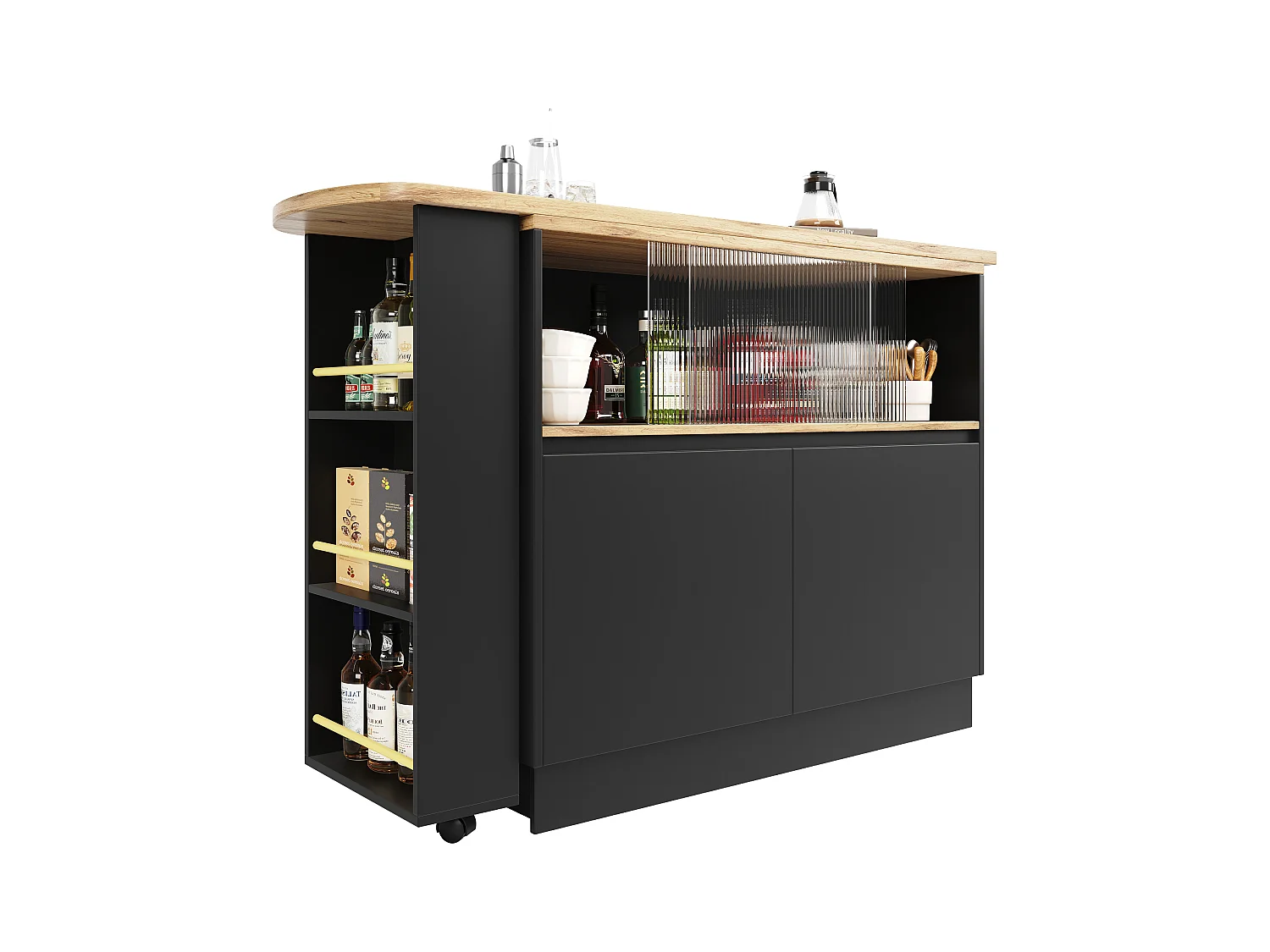 Barschrank mit 2 Türen – Ausziehbarer Barschrank mit 2 Glasschiebetüren und offenen Regalen – schwarz