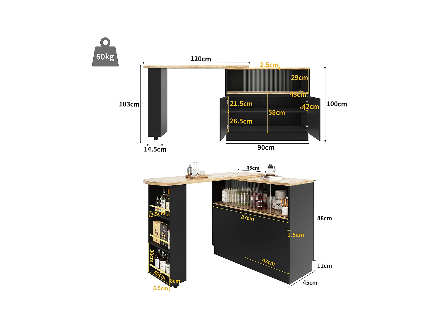 Meuble de bar à 2 portes - Meuble de bar extensible avec 2 portes coulissantes en verre et étagères ouvertes - noir