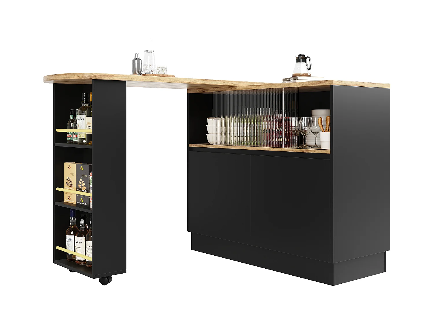 Meuble de bar à 2 portes - Meuble de bar extensible avec 2 portes coulissantes en verre et étagères ouvertes - noir