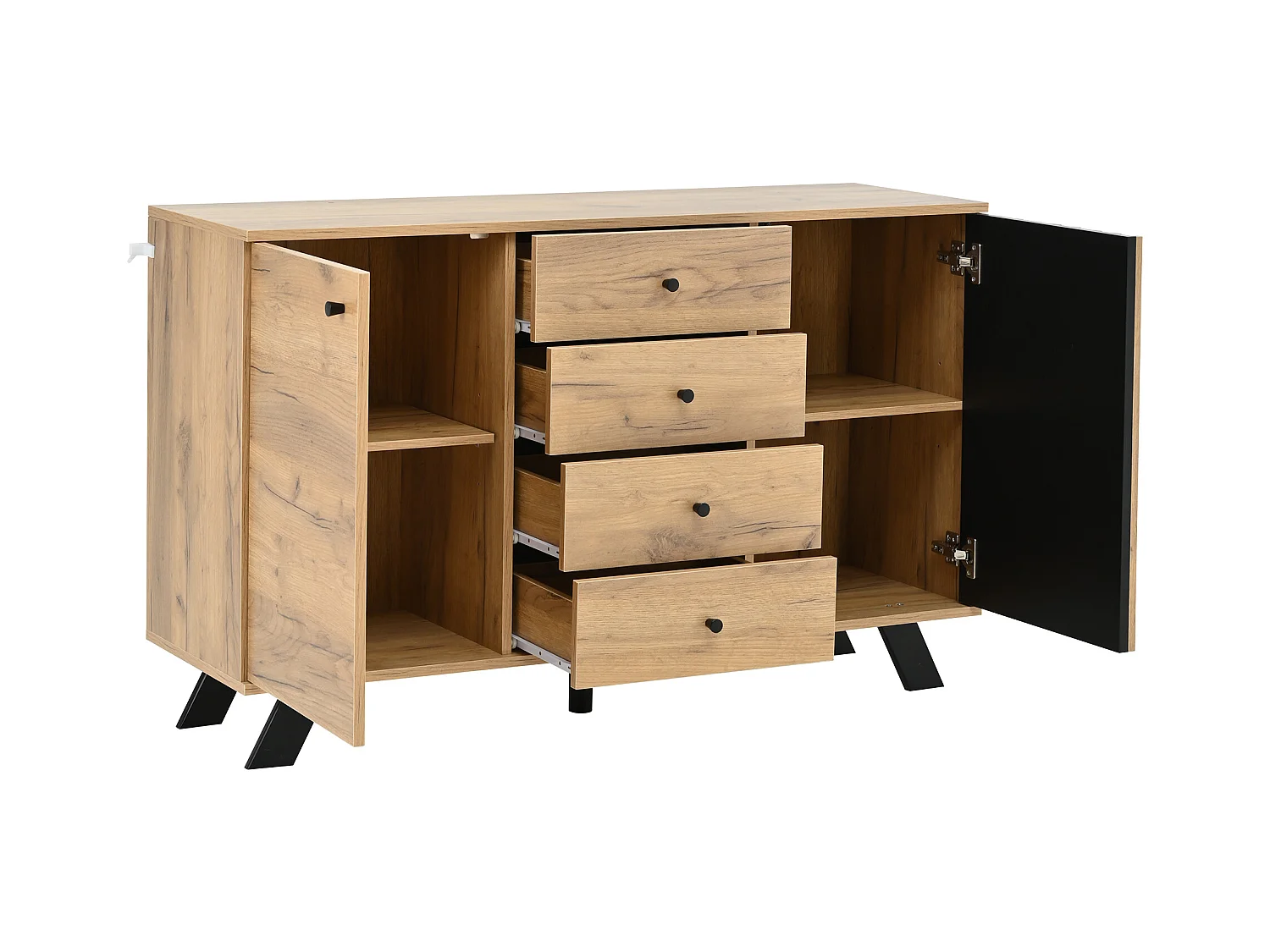 Buffet en bois - Buffet avec 2 portes et 4 tiroirs - design à lattes de bois creuses - cinq pieds en bois noir