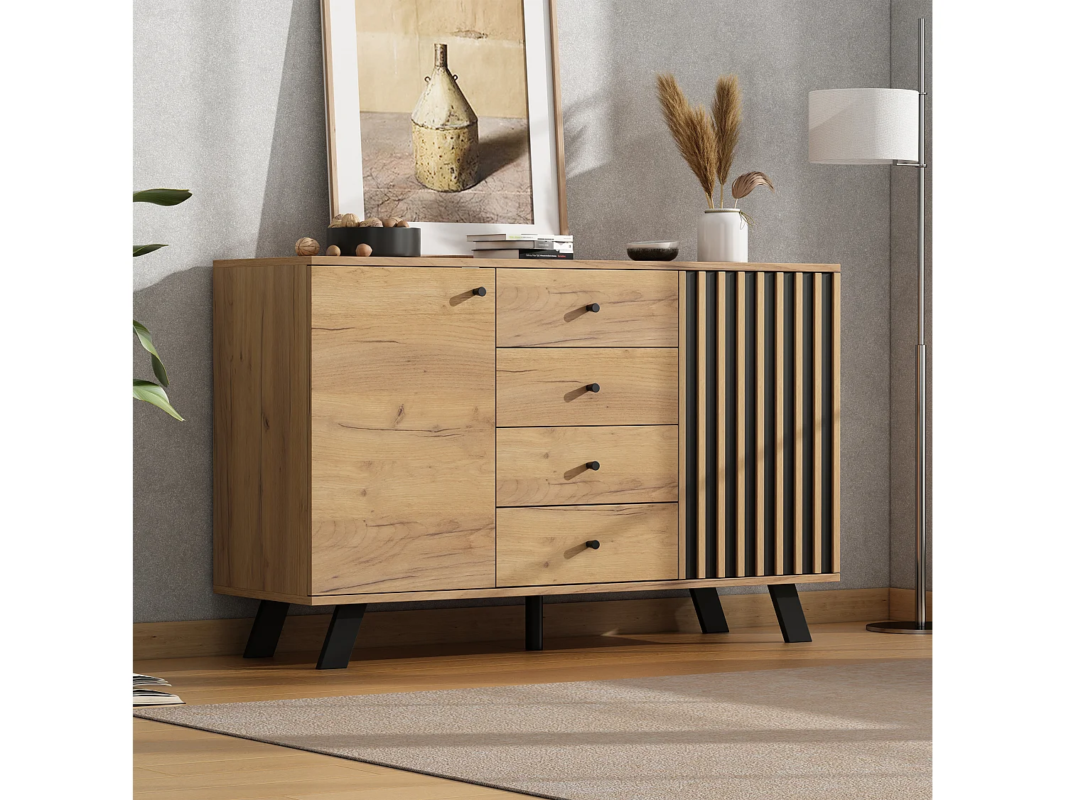 Houten dressoir - Dressoir met 2 deuren en 4 laden - holle houten lattenconstructie - vijf zwarte houten poten