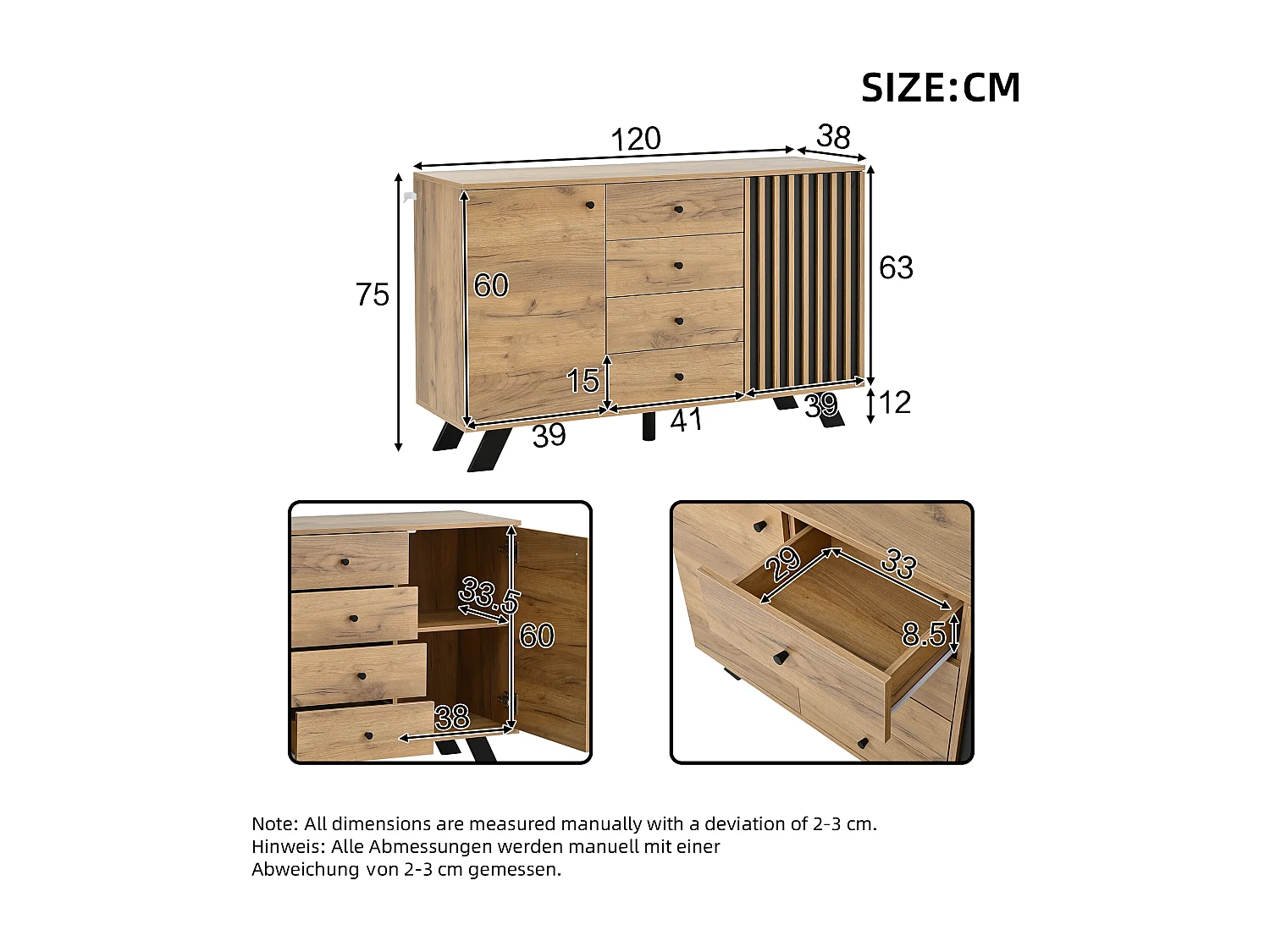 Houten dressoir - Dressoir met 2 deuren en 4 laden - holle houten lattenconstructie - vijf zwarte houten poten