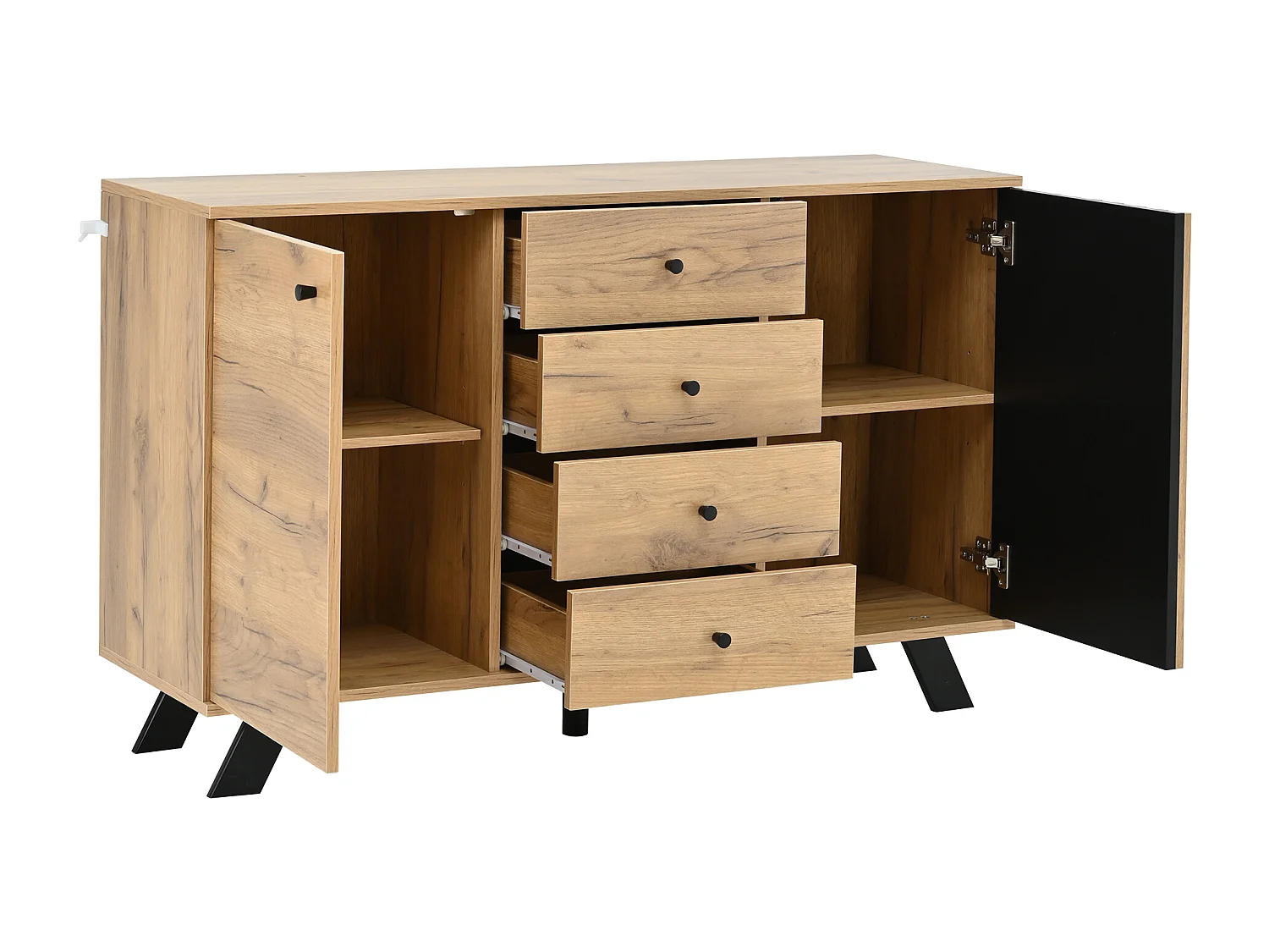 Houten dressoir - Dressoir met 2 deuren en 4 laden - holle houten lattenconstructie - vijf zwarte houten poten
