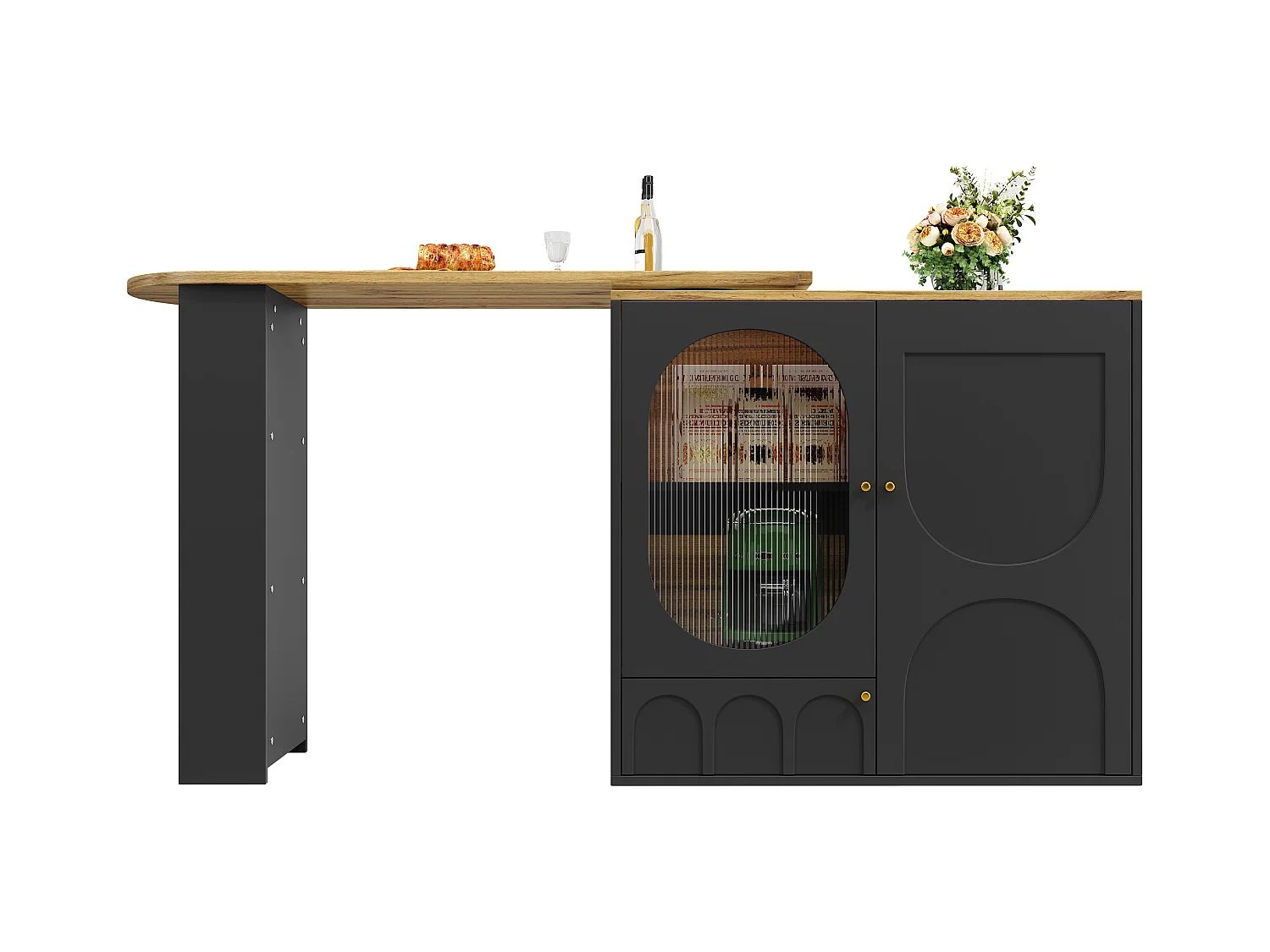 Mueble bar negro de 3 puertas - Mueble bar expandible con estantes de 3 niveles y espacio de almacenamiento - Divisores extraíbles