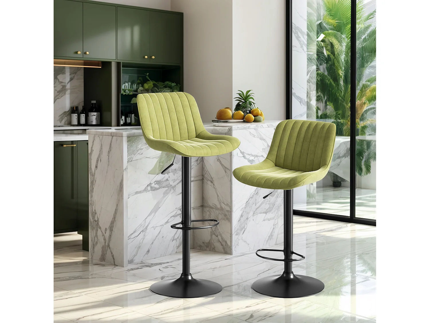 Lot de 2 tabourets de bar pivotants - hauteur réglable et pivotant à 360° - velours vert