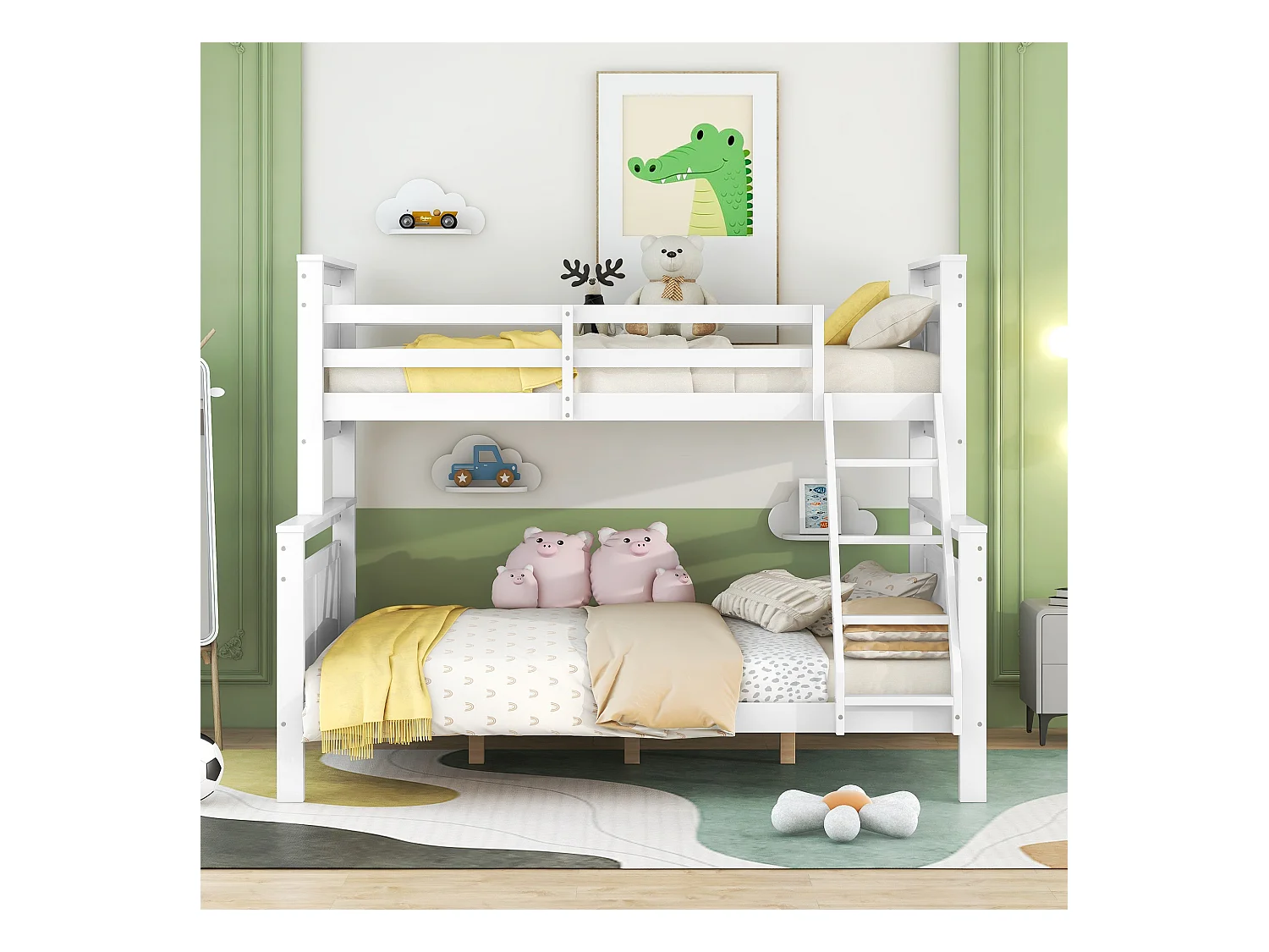 Etagenbetten 90 x 200 cm und 140 x 200 cm - Jugendbett mit Leiter und Absturzsicherung - Holz weiß - Matratze nicht inklusive