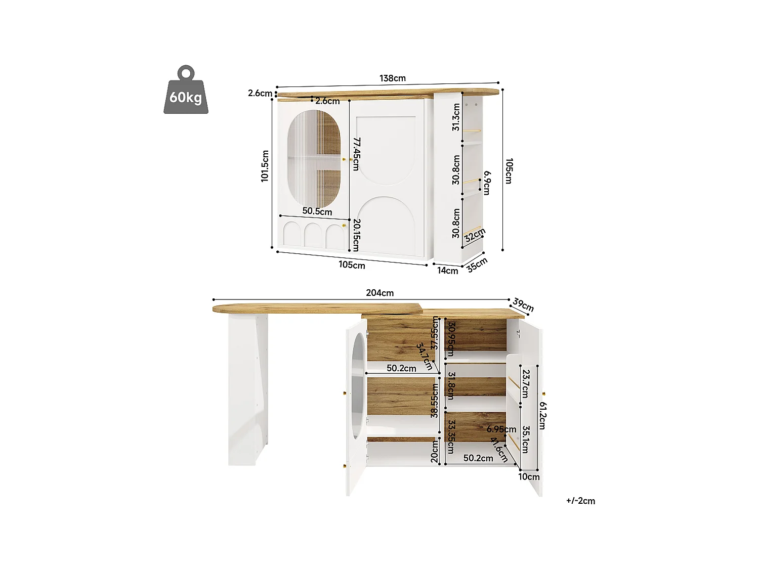 Meuble de bar blanc à 3 portes - Meuble de bar extensible avec étagères et rangements à 3 niveaux - séparateurs amovibles
