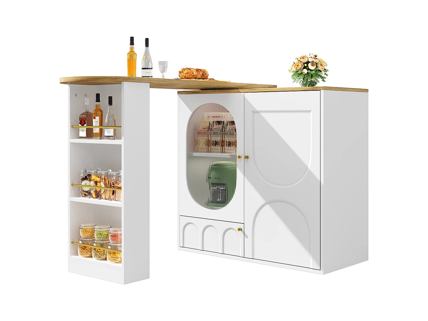 Meuble de bar blanc à 3 portes - Meuble de bar extensible avec étagères et rangements à 3 niveaux - séparateurs amovibles