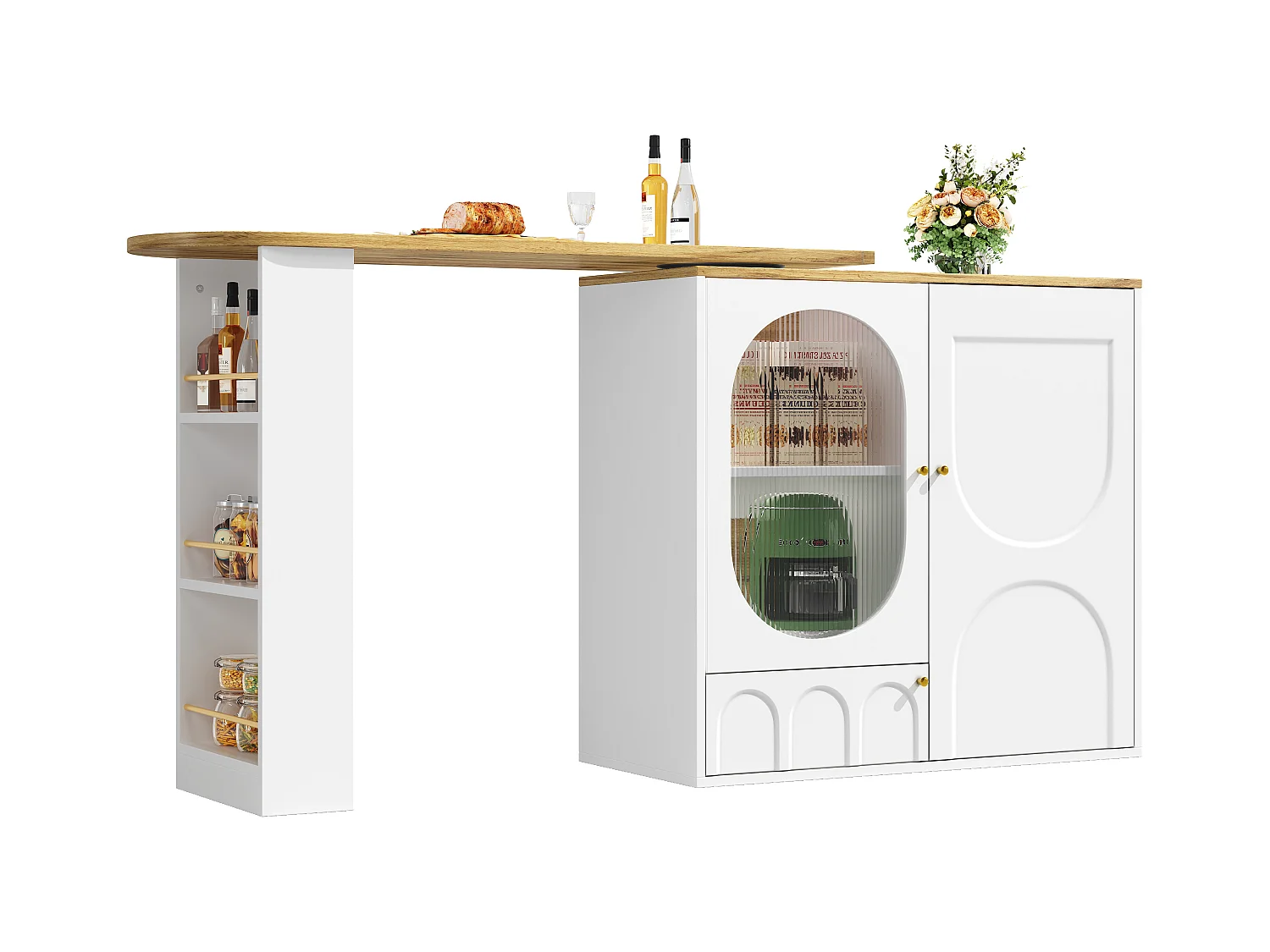 Meuble de bar blanc à 3 portes - Meuble de bar extensible avec étagères et rangements à 3 niveaux - séparateurs amovibles
