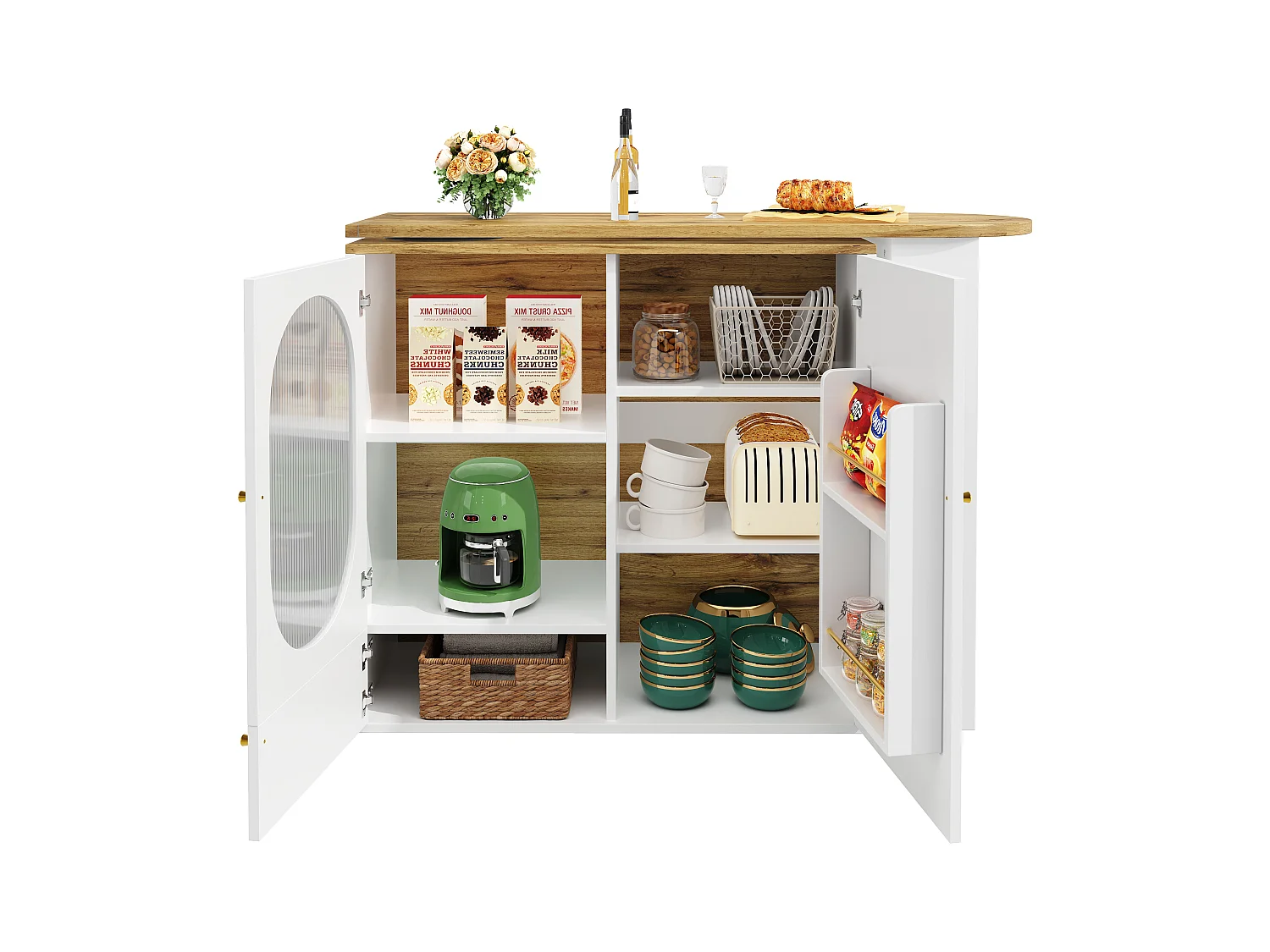 Meuble de bar blanc à 3 portes - Meuble de bar extensible avec étagères et rangements à 3 niveaux - séparateurs amovibles