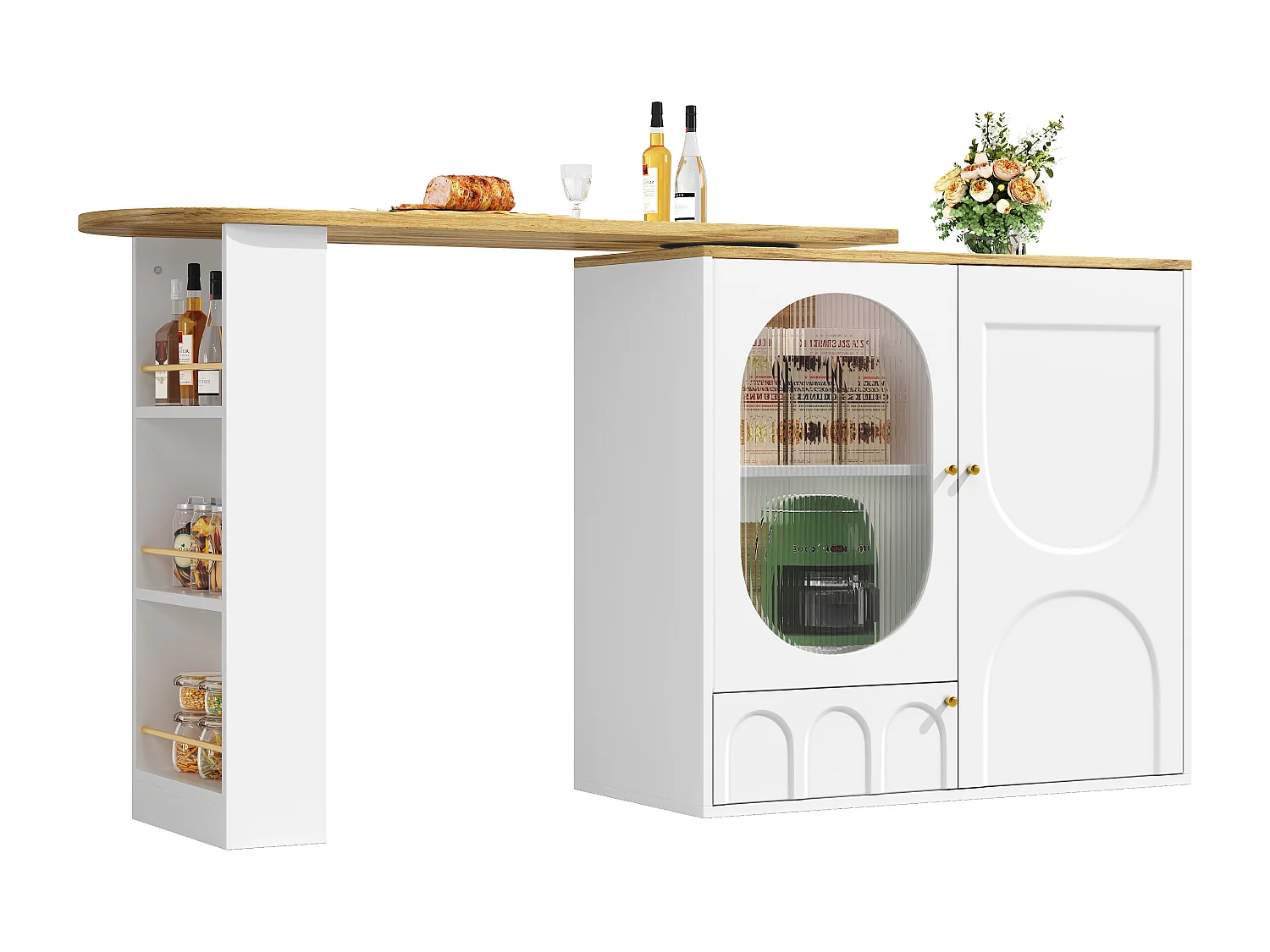 Meuble de bar blanc à 3 portes - Meuble de bar extensible avec étagères et rangements à 3 niveaux - séparateurs amovibles